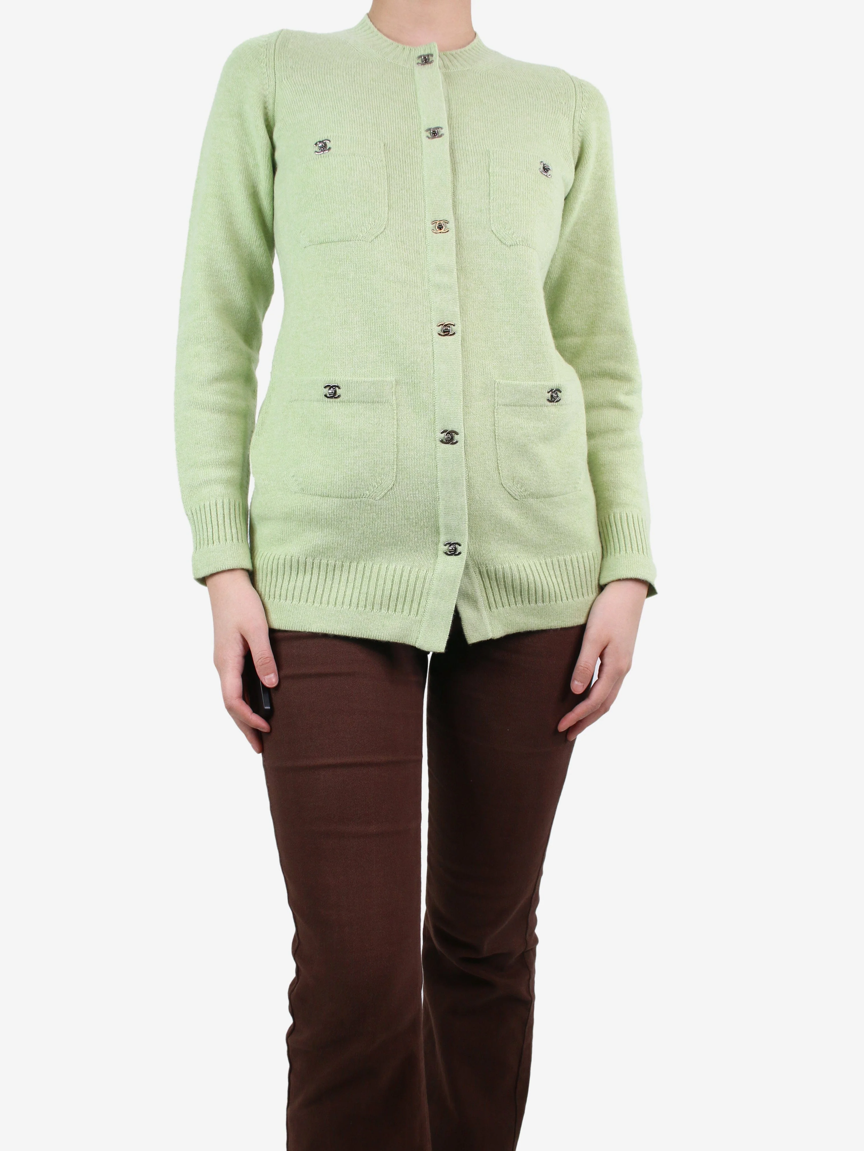 Green brand logo cashmere cardigan - size UK 10 - Image 3