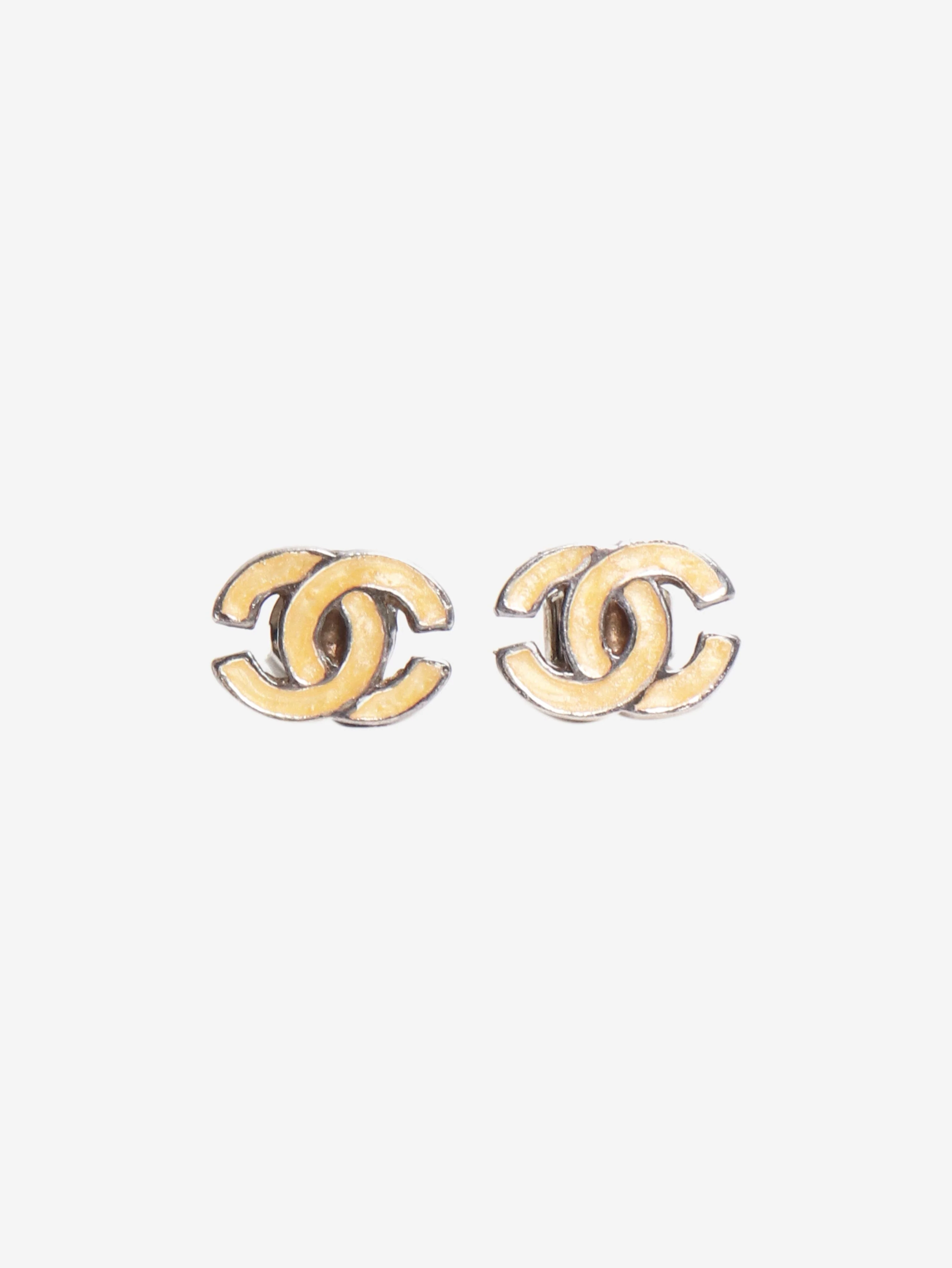 Silver and beige CC stud earrings
