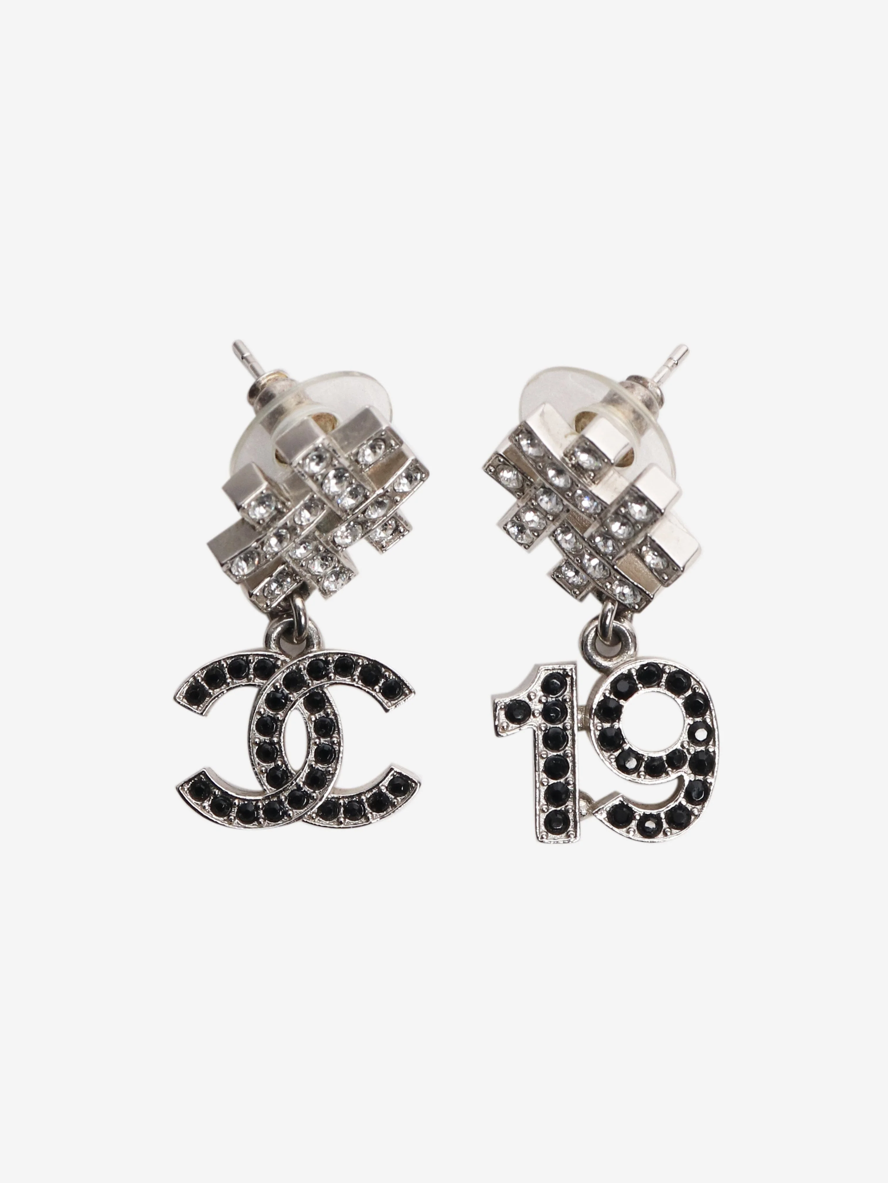 Silver and black CC 19 earrings