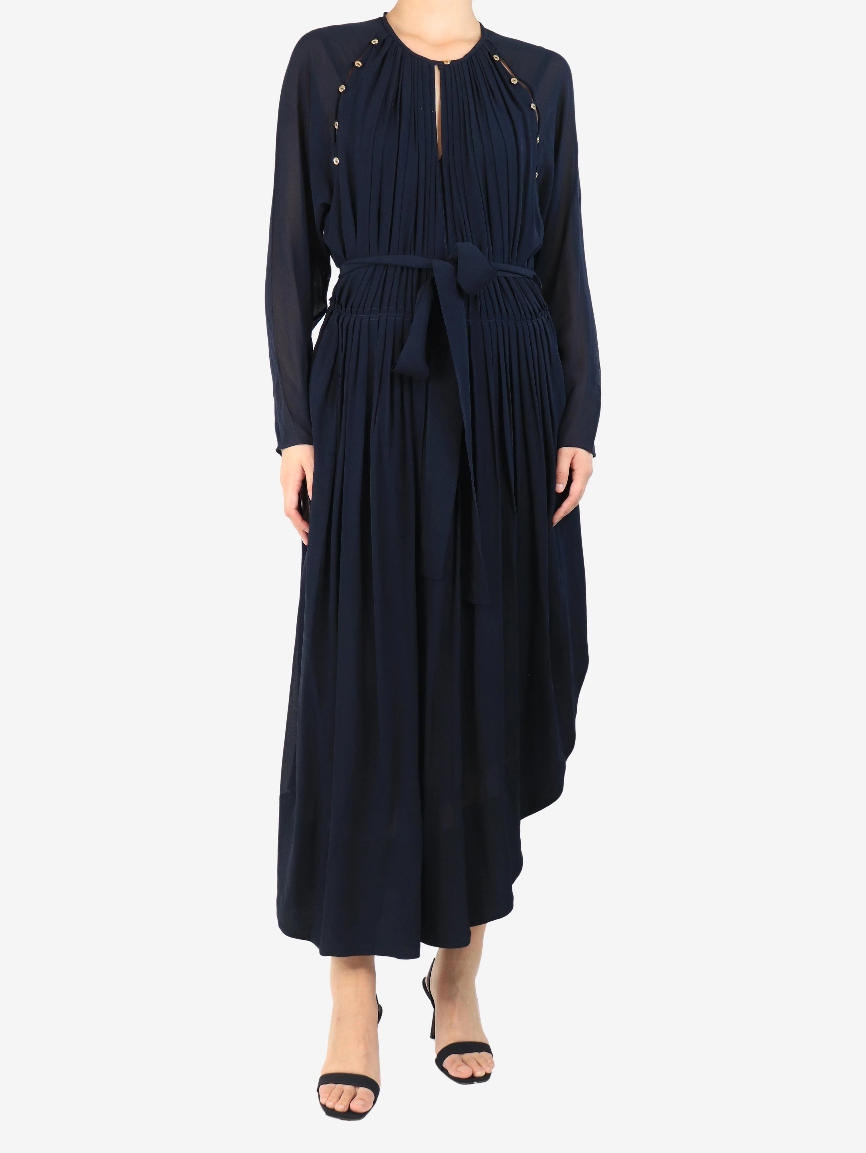 Anthracite blue pleated chiffon maxi dress - size UK 8 - Image 3