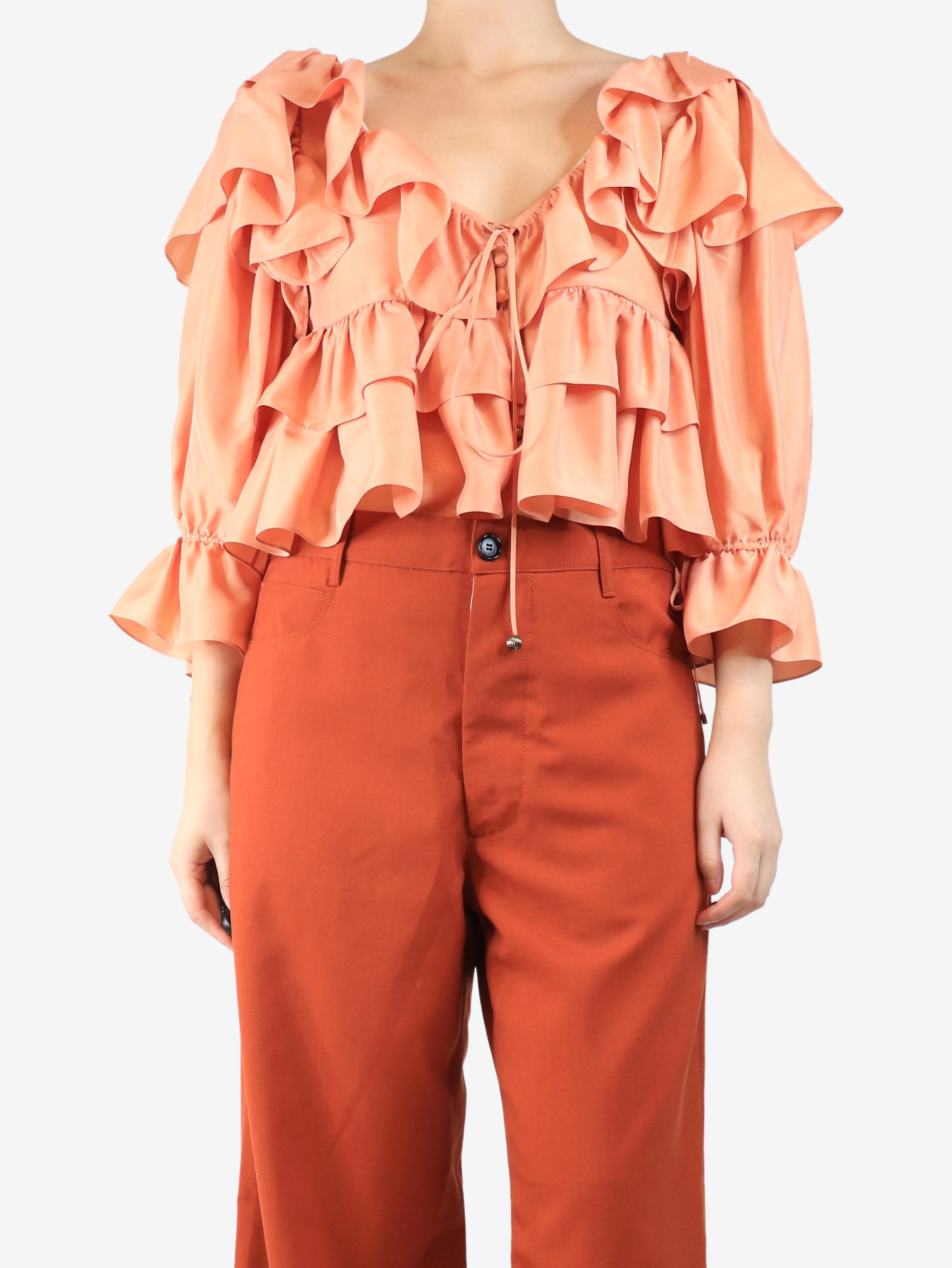 Coral silk ruffled top - size UK 8