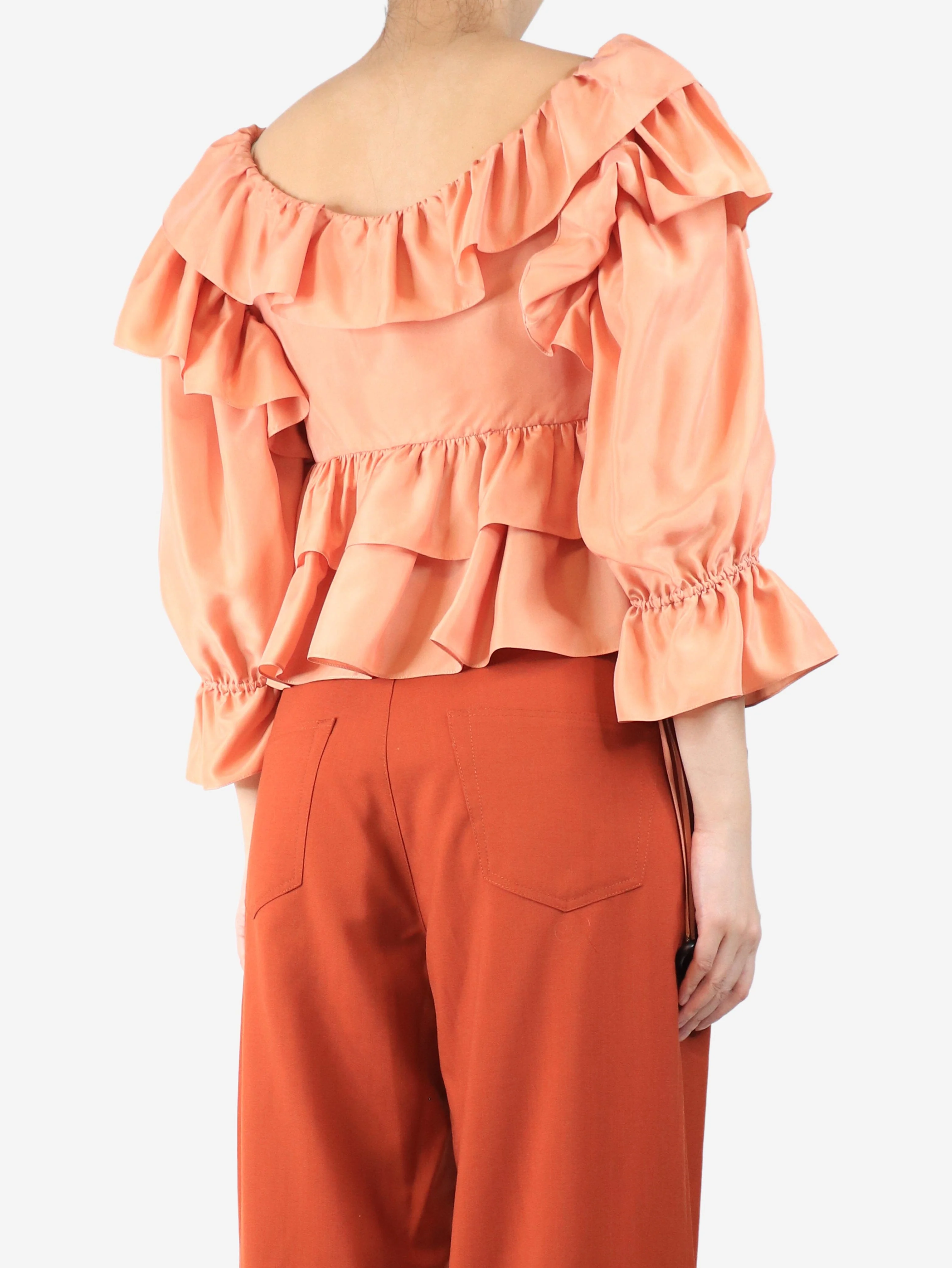 Coral silk ruffled top - size UK 8 - Image 2