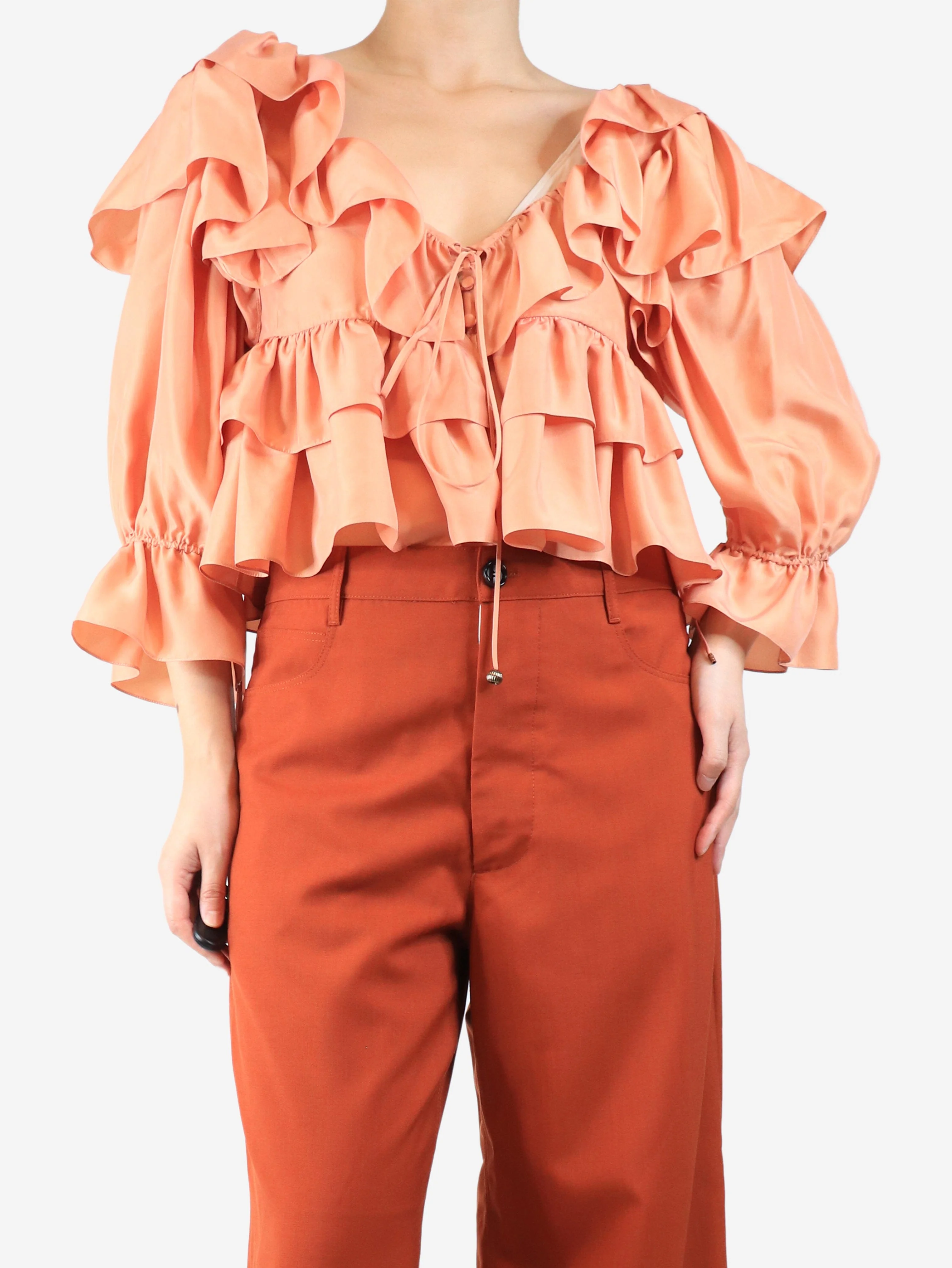 Coral silk ruffled top - size UK 8 - Image 3