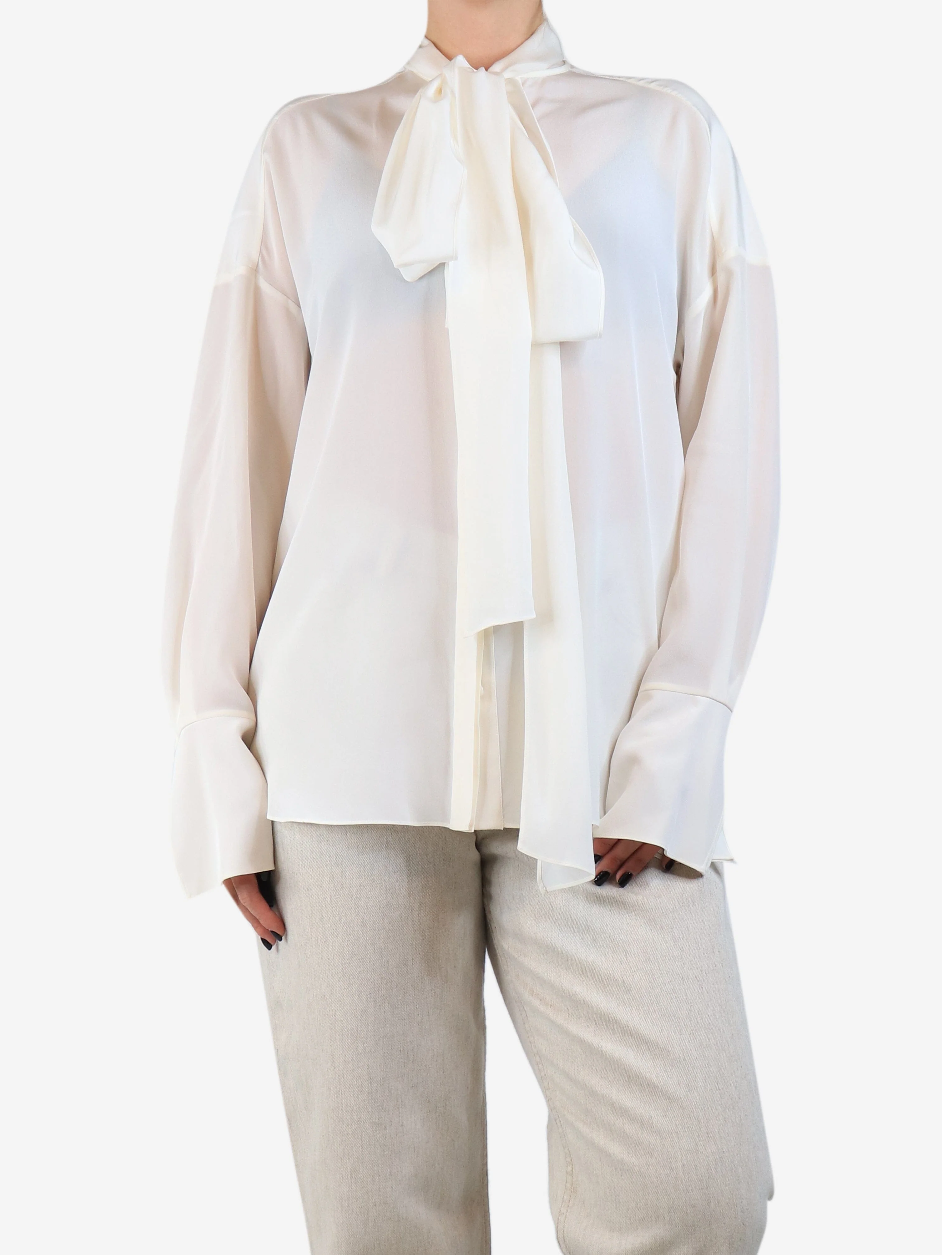 Cream silk neck-tie blouse - size UK 8