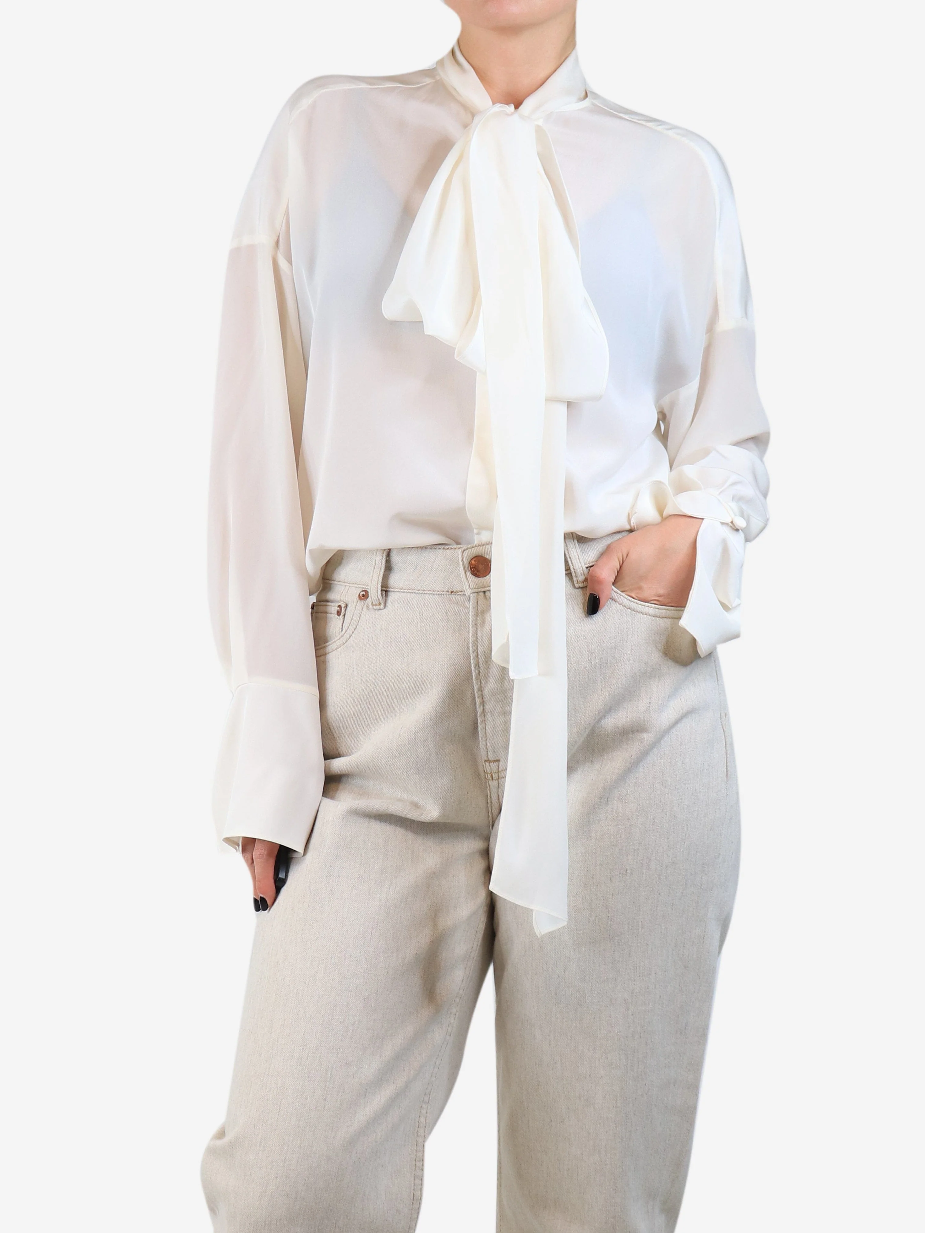 Cream silk neck-tie blouse - size UK 8 - Image 3