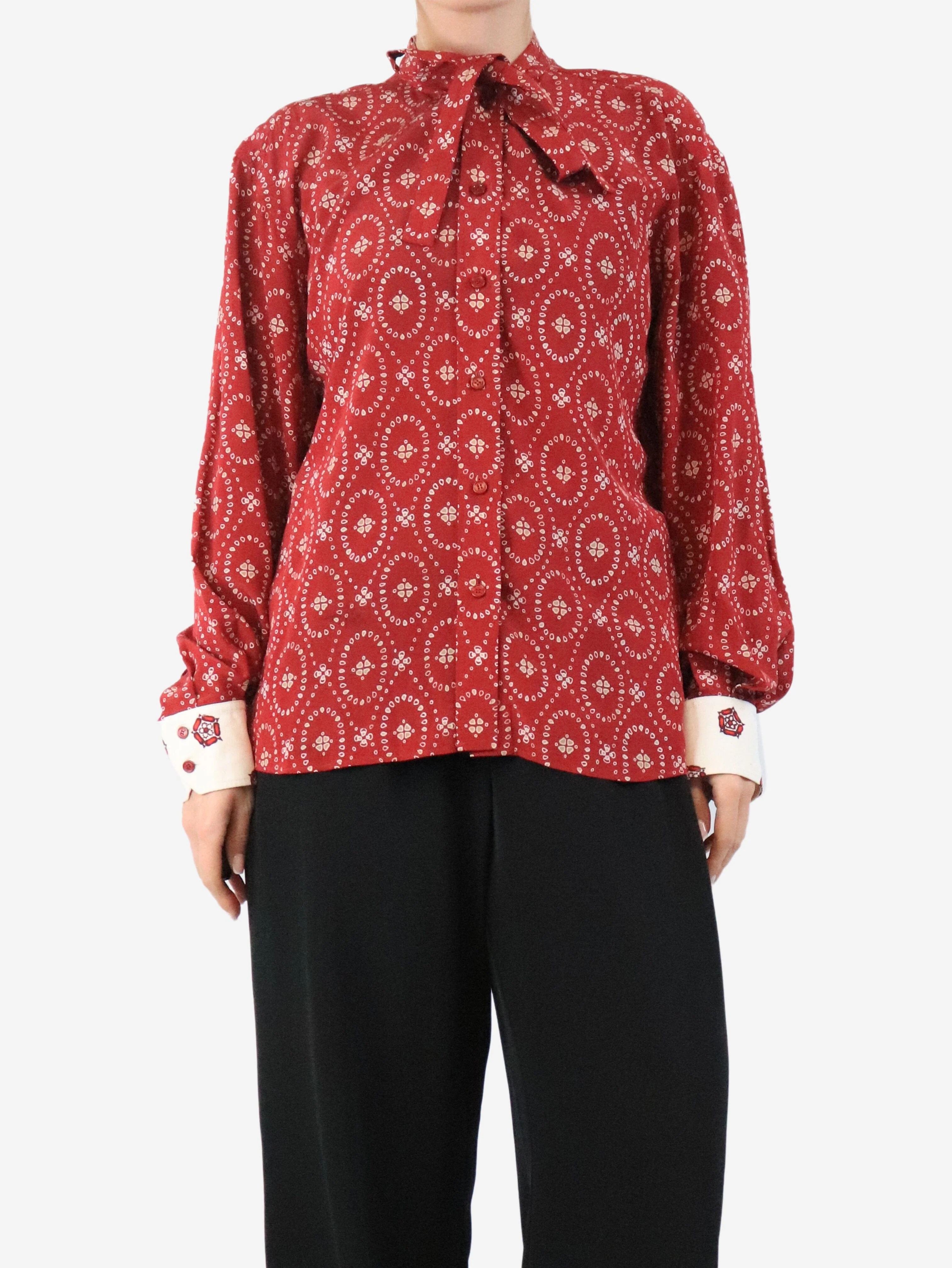 Red copper printed bow blouse - size UK 12