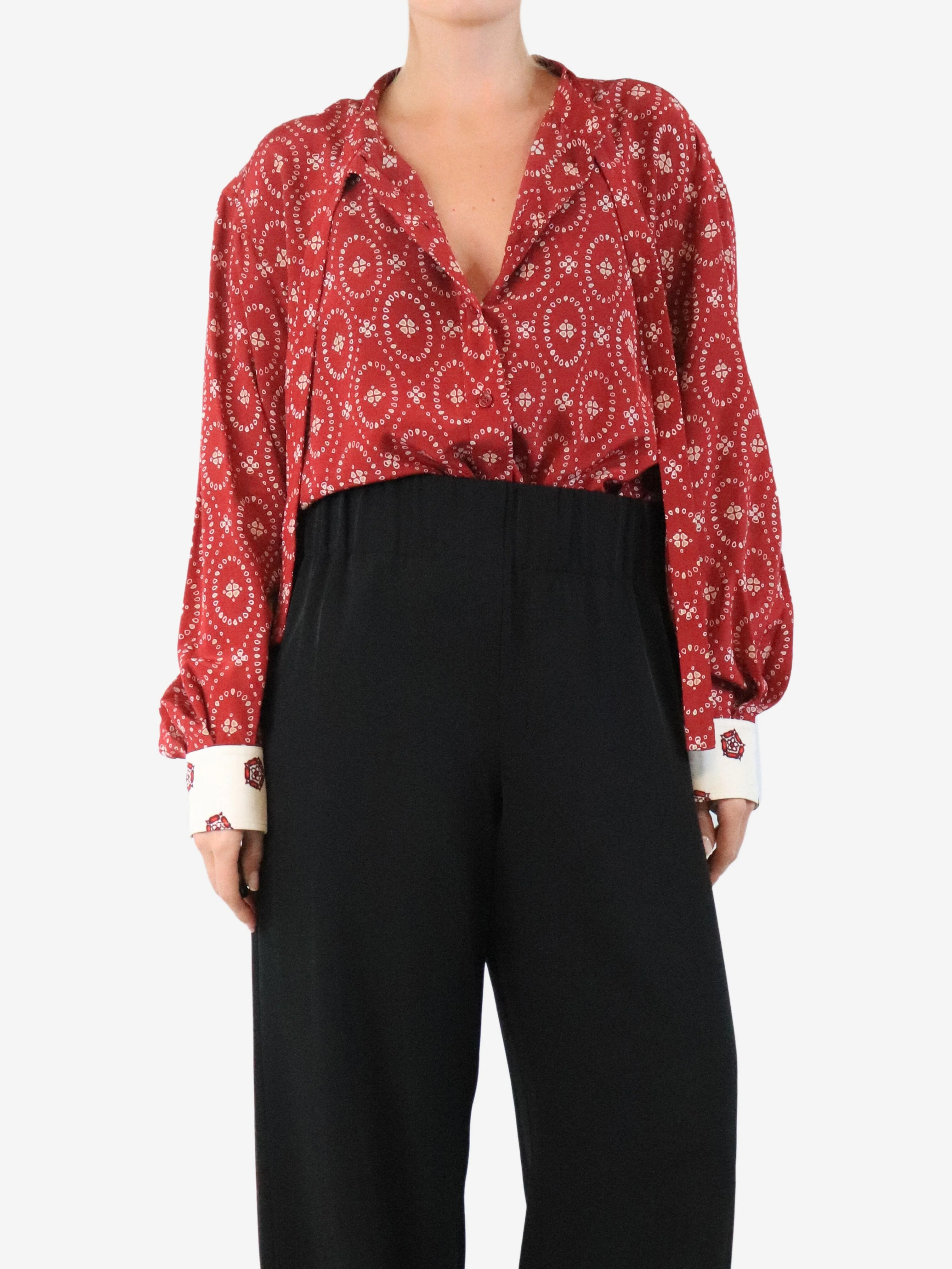 Red copper printed bow blouse - size UK 12 - Image 3