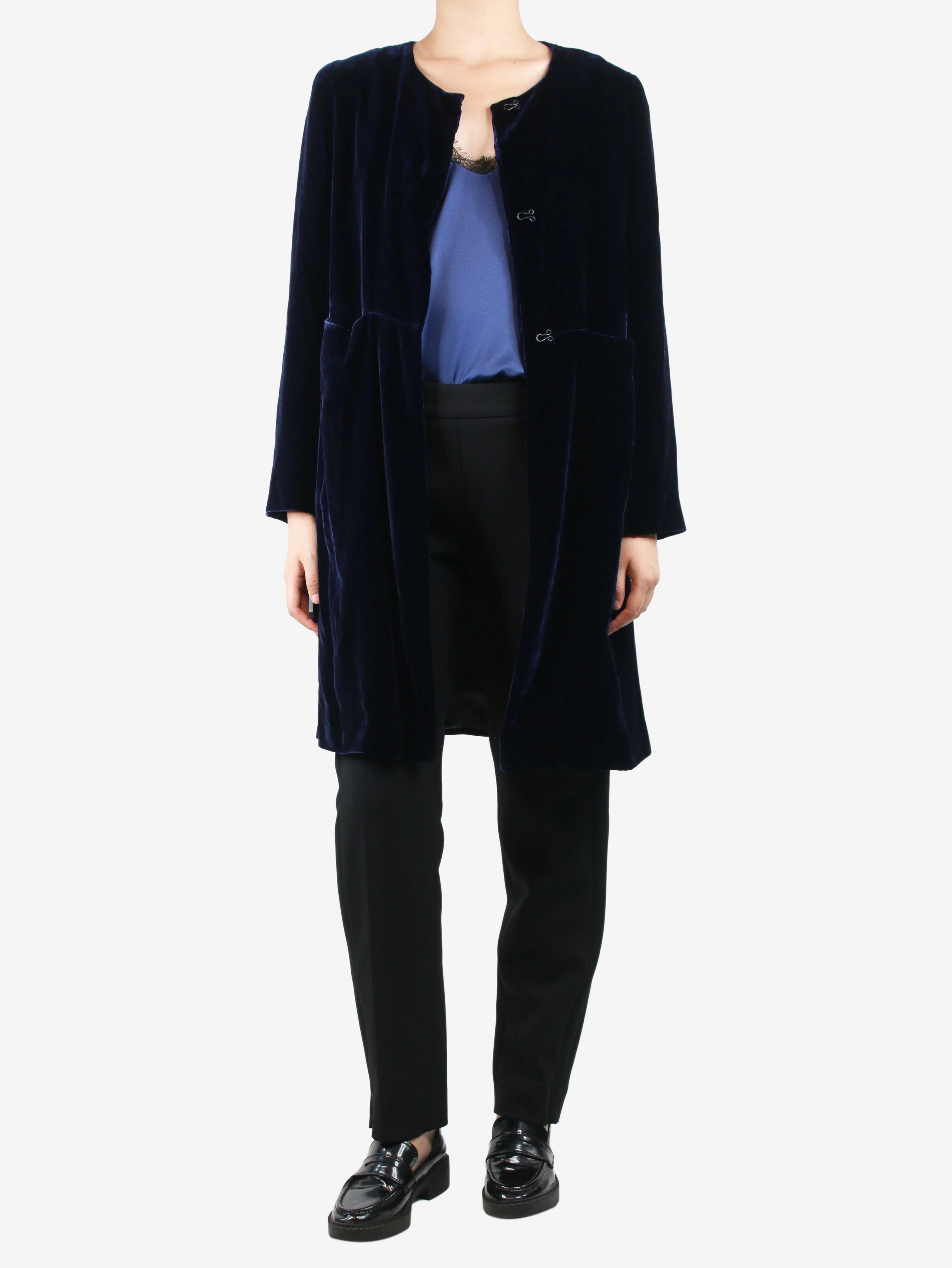 Blue velvet pocket silk coat - size UK 10 - Image 3