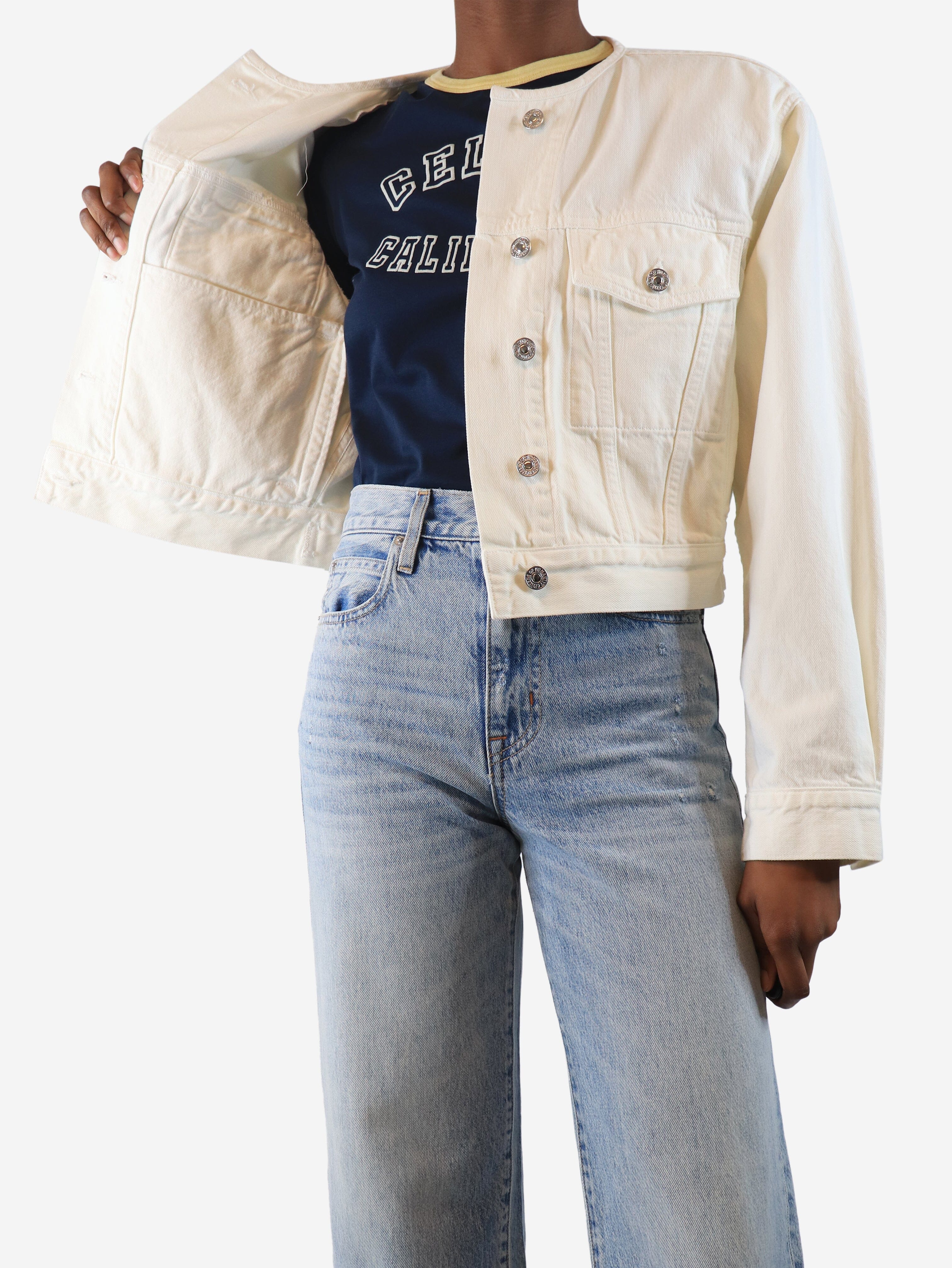 Cream cropped denim jacket - size XS - Image 4