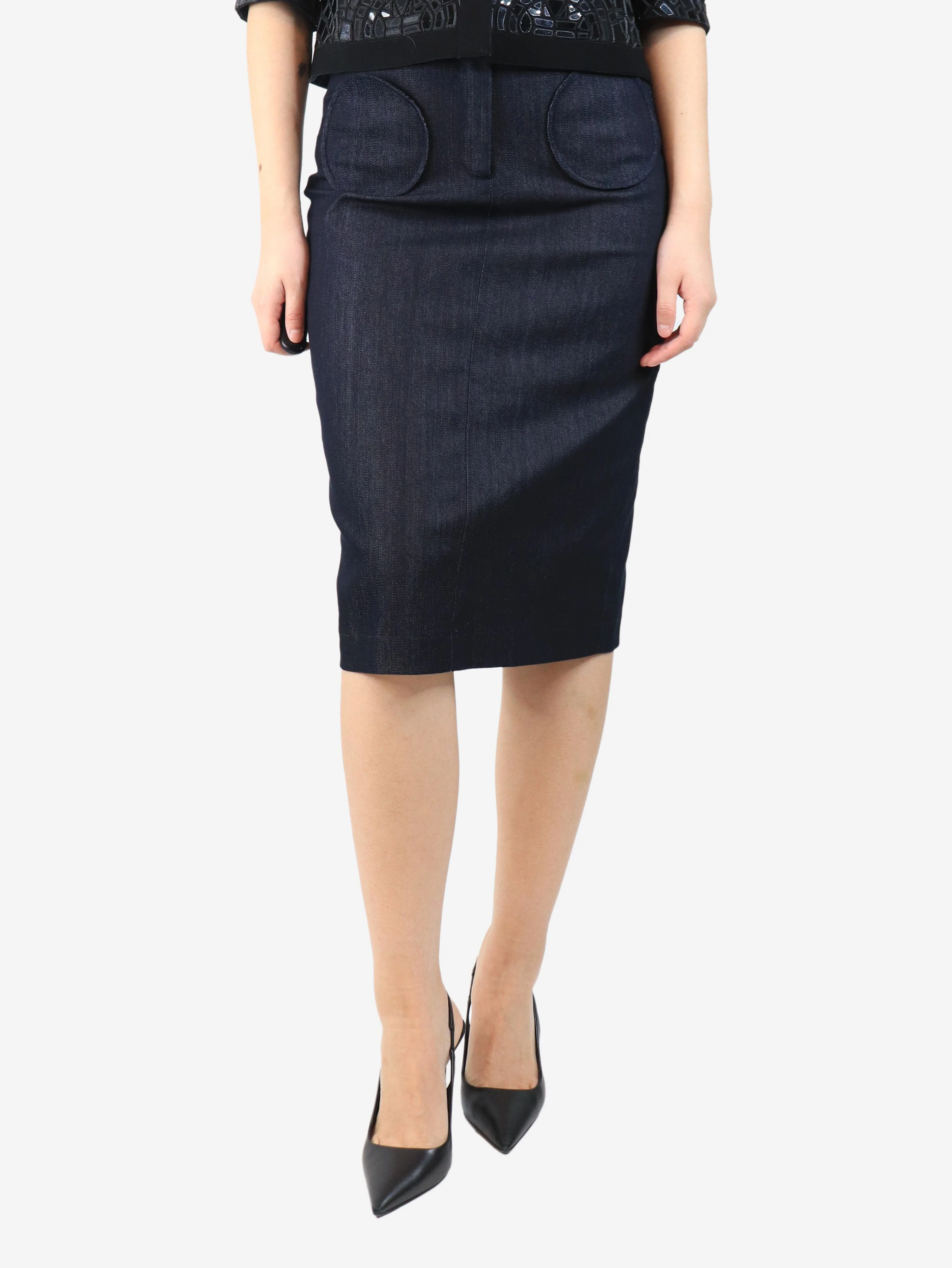 Dark-wash denim midi skirt - size UK 10