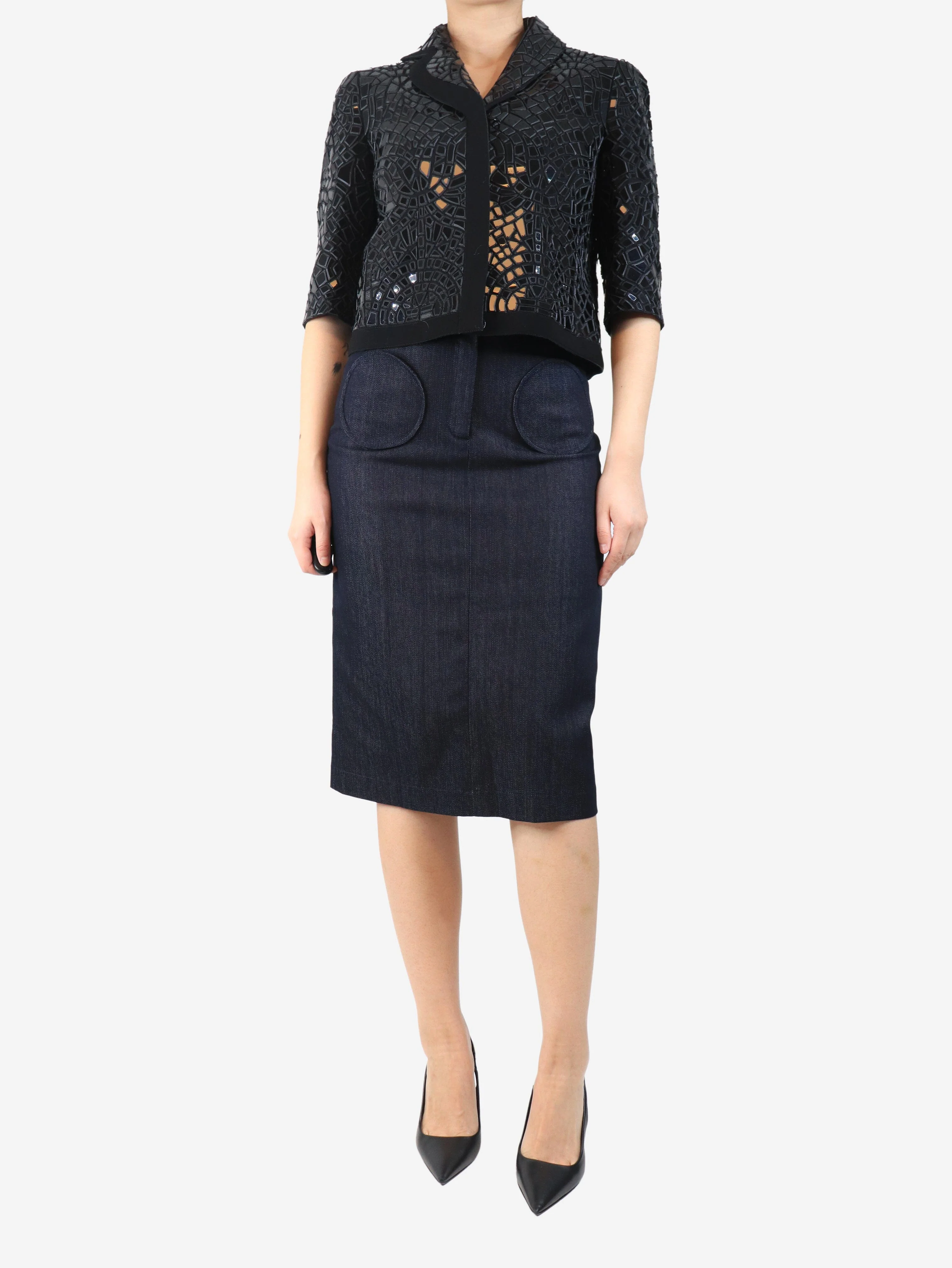 Dark-wash denim midi skirt - size UK 10 - Image 2