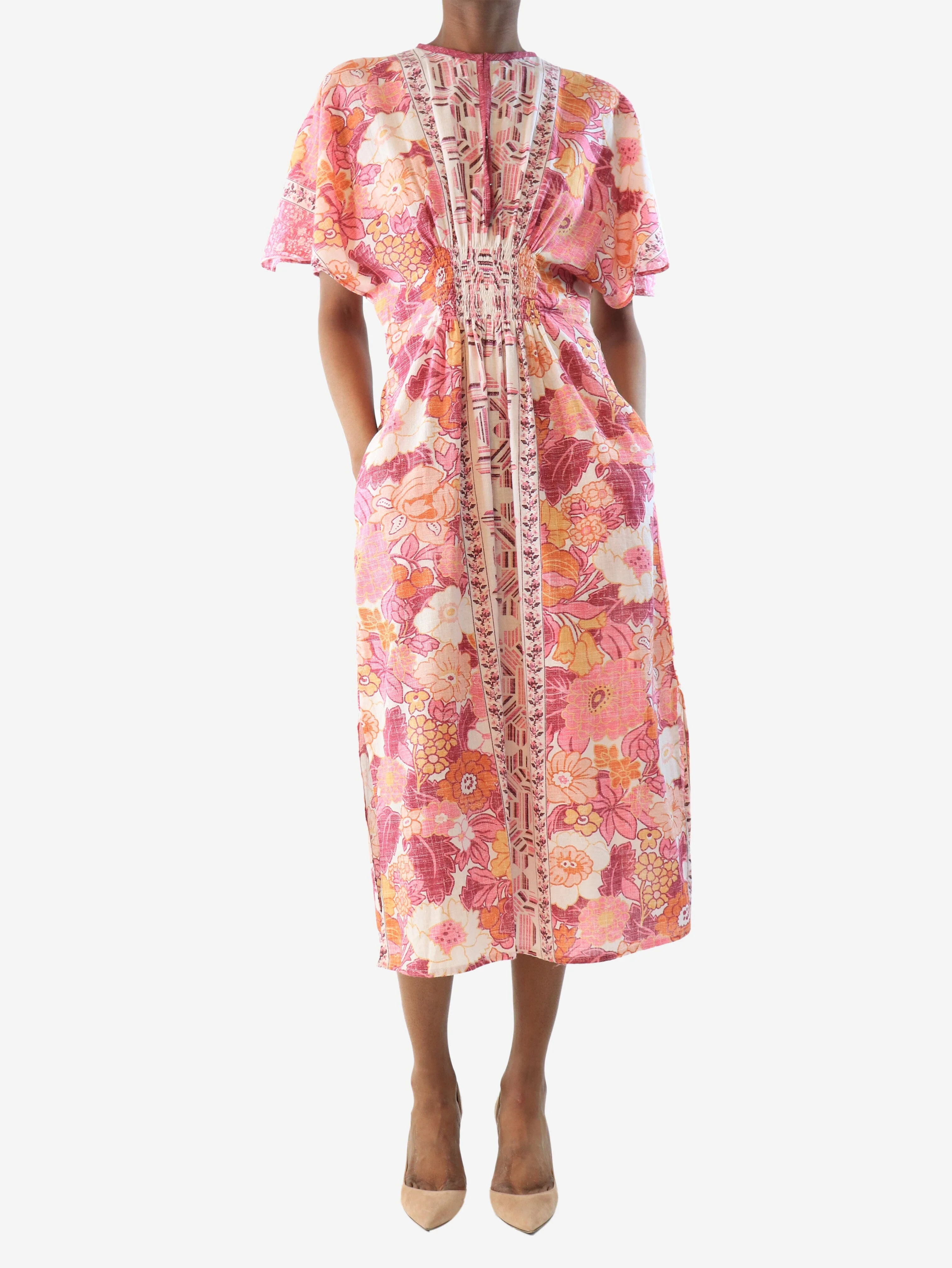 Pink floral printed midi dress - size XS