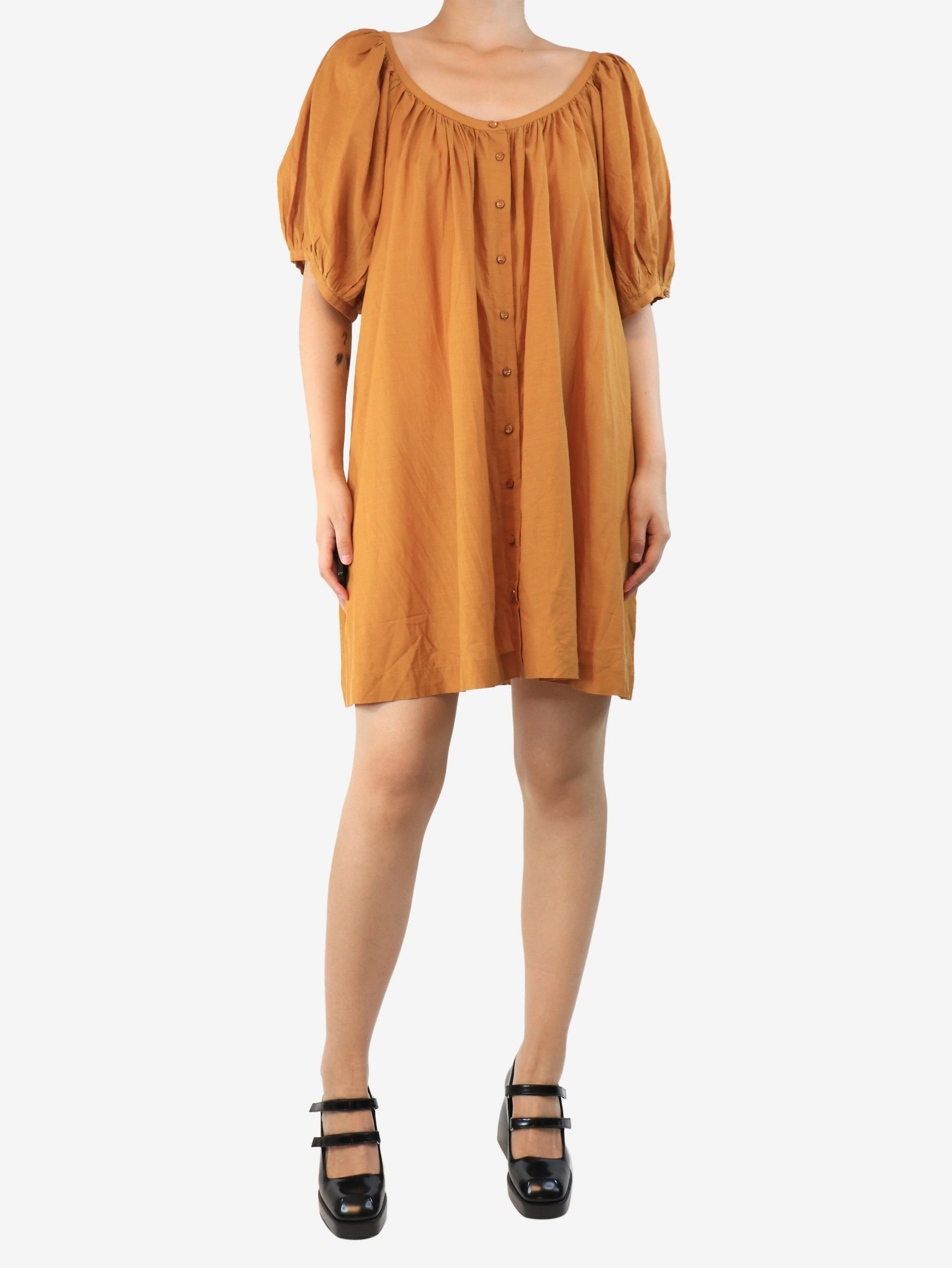 Turmeric puff-sleeved cotton-blend mini dress - size L