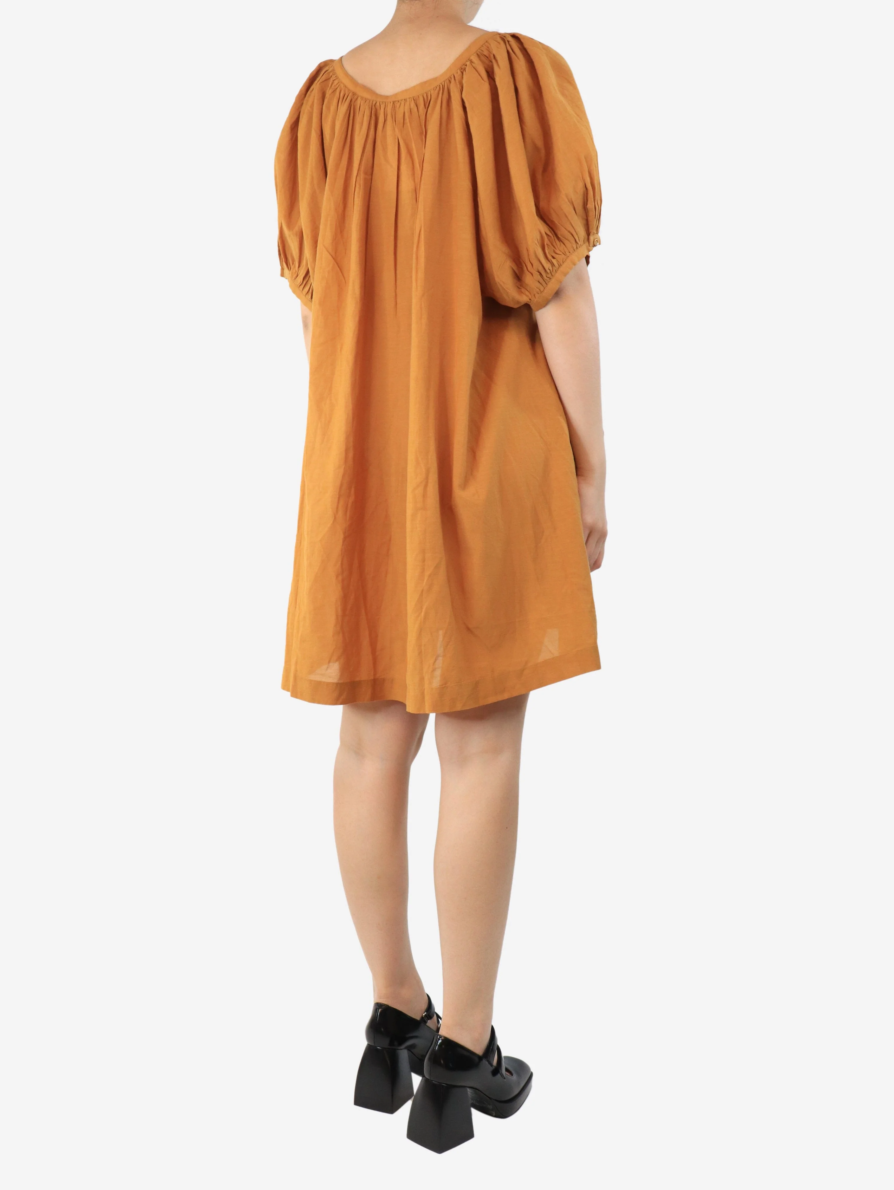 Turmeric puff-sleeved cotton-blend mini dress - size L - Image 2
