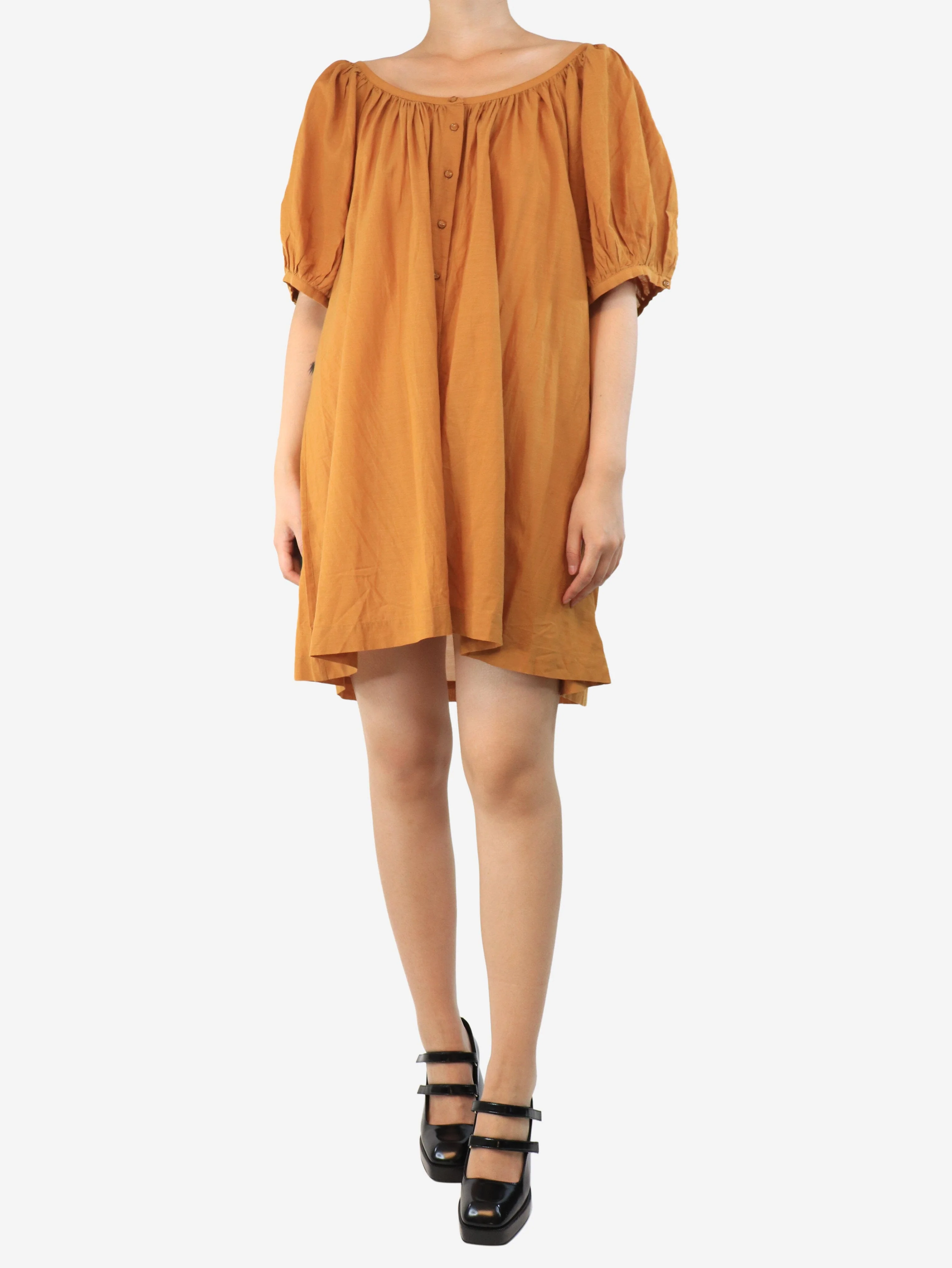 Turmeric puff-sleeved cotton-blend mini dress - size L - Image 3