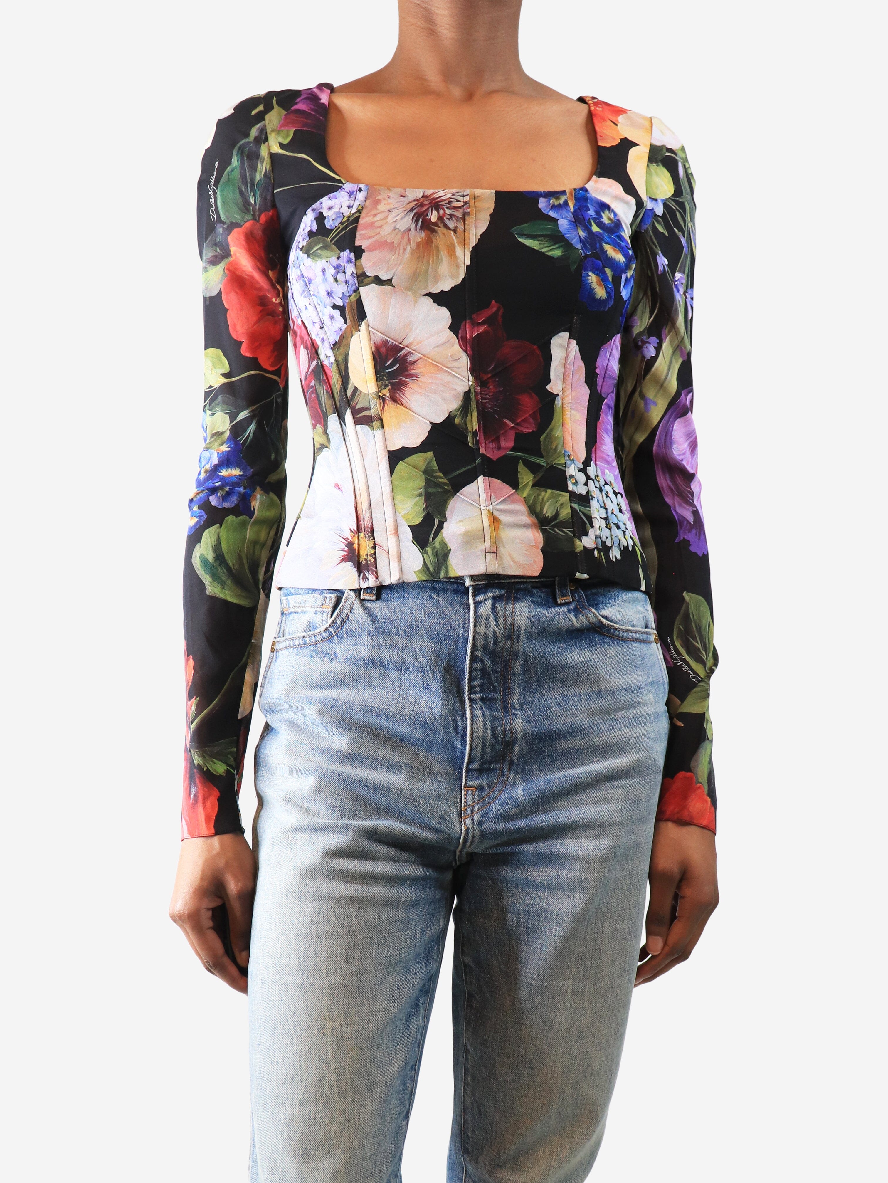 Black floral mesh boned top - size UK 4