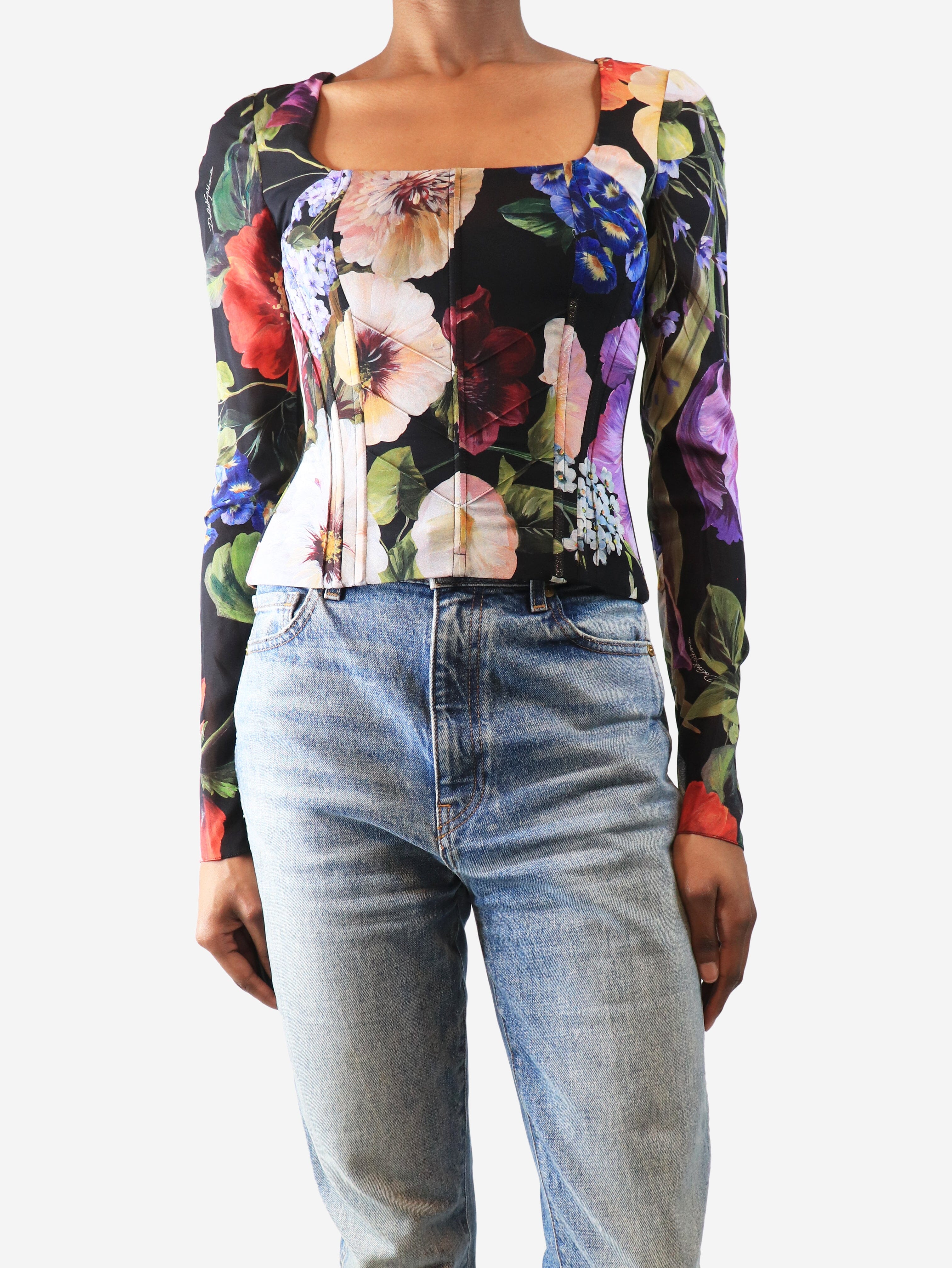 Black floral mesh boned top - size UK 4 - Image 3