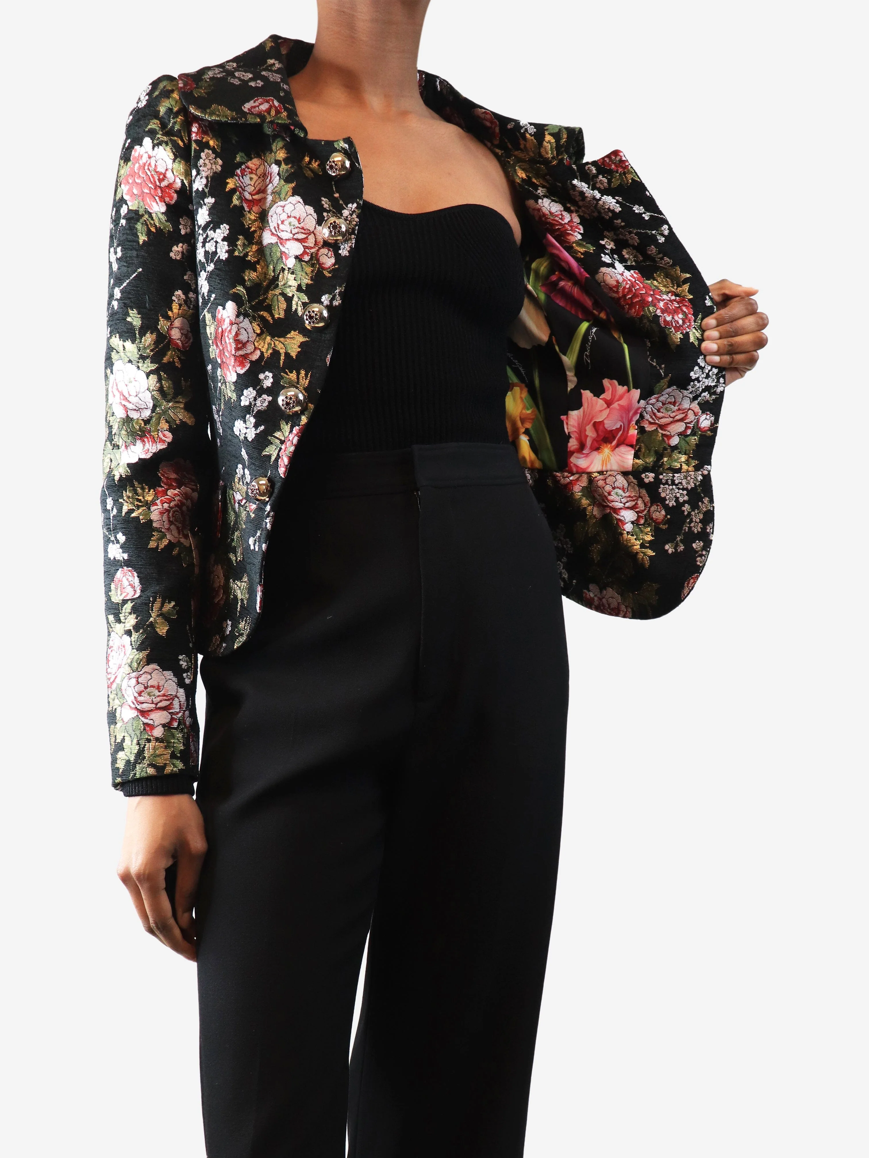 Black lurex floral jacket - size UK 6 - Image 4