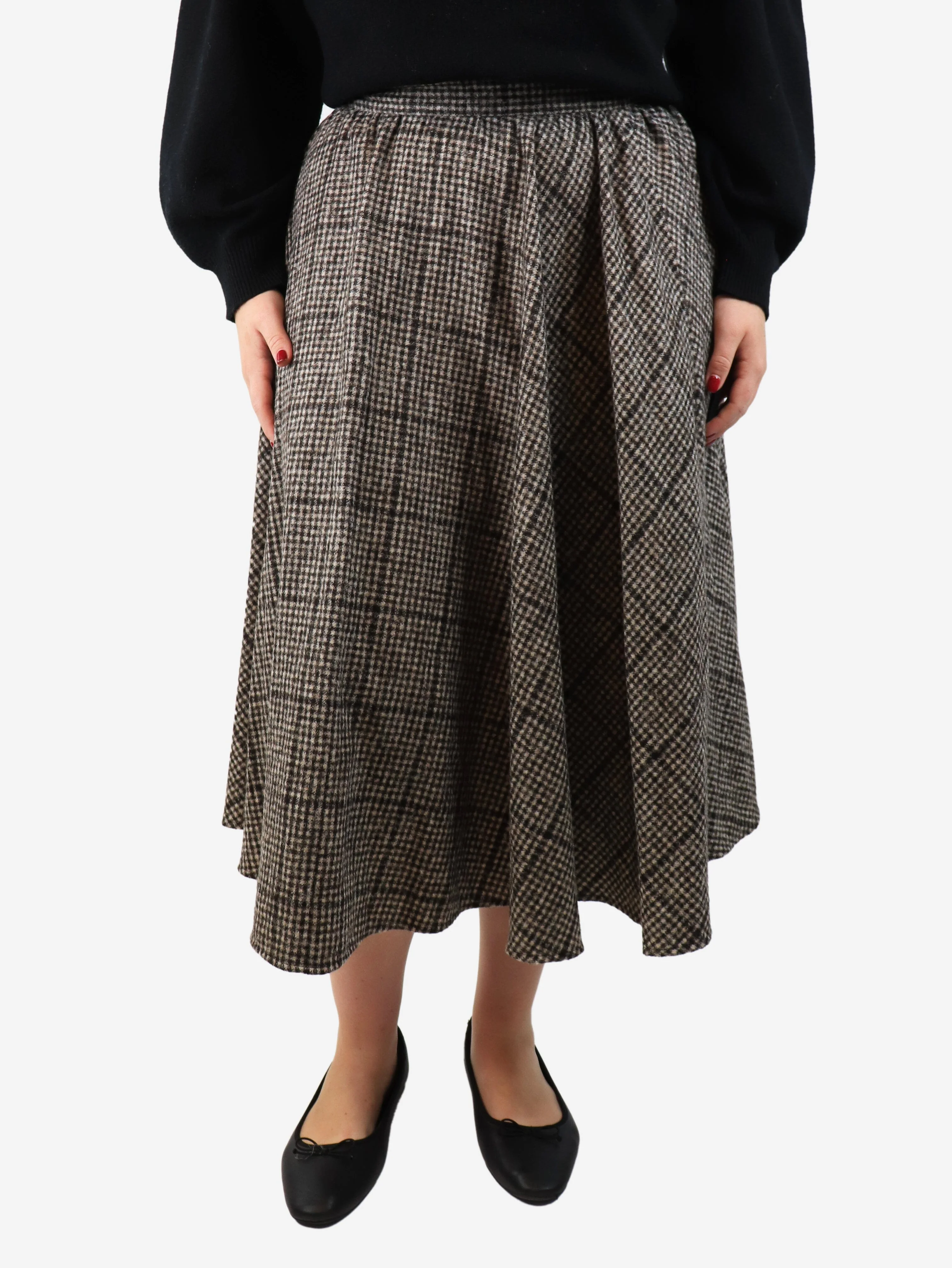 Brown check wool-blend midi skirt - size UK 14