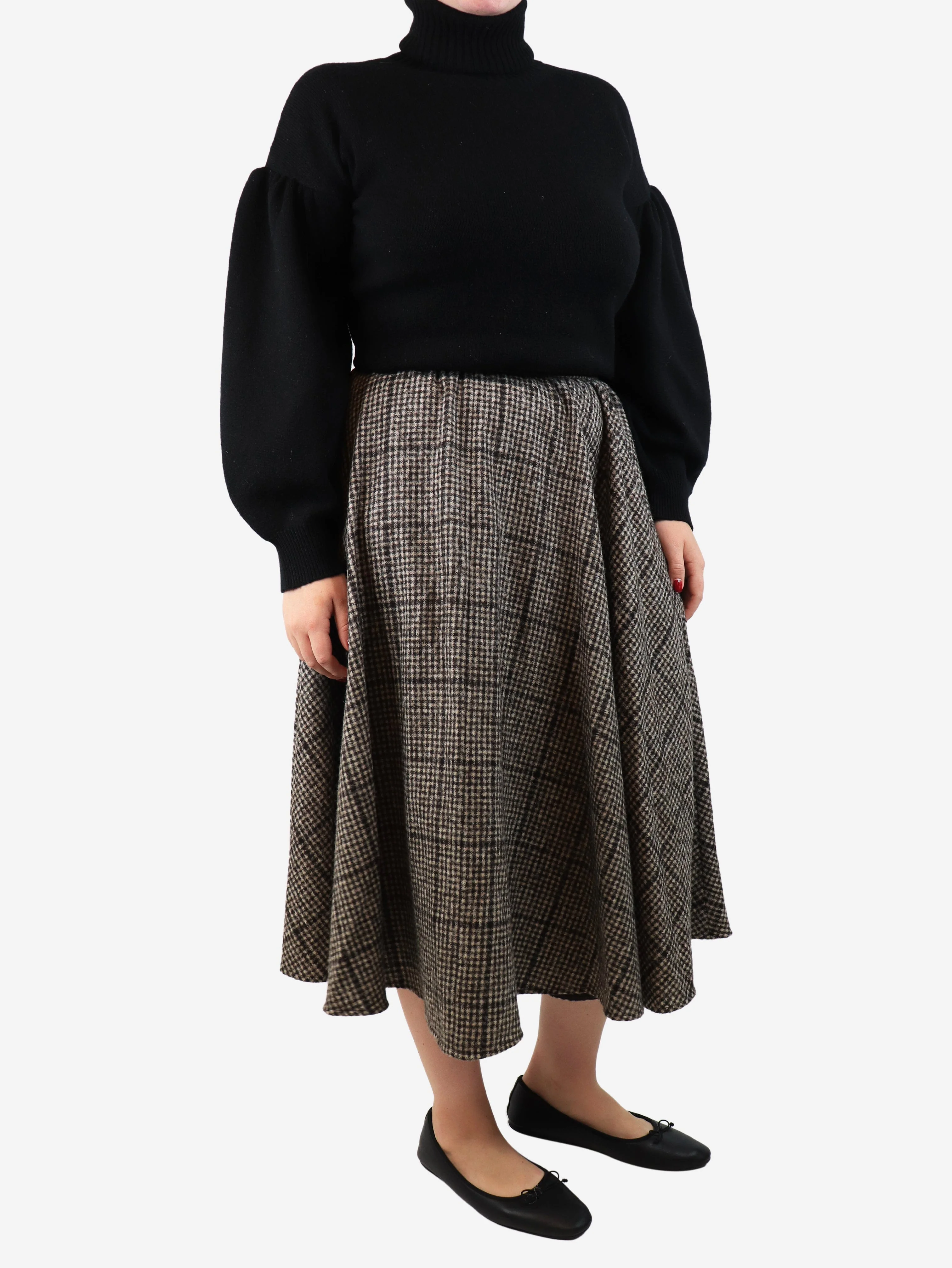 Brown check wool-blend midi skirt - size UK 14 - Image 2