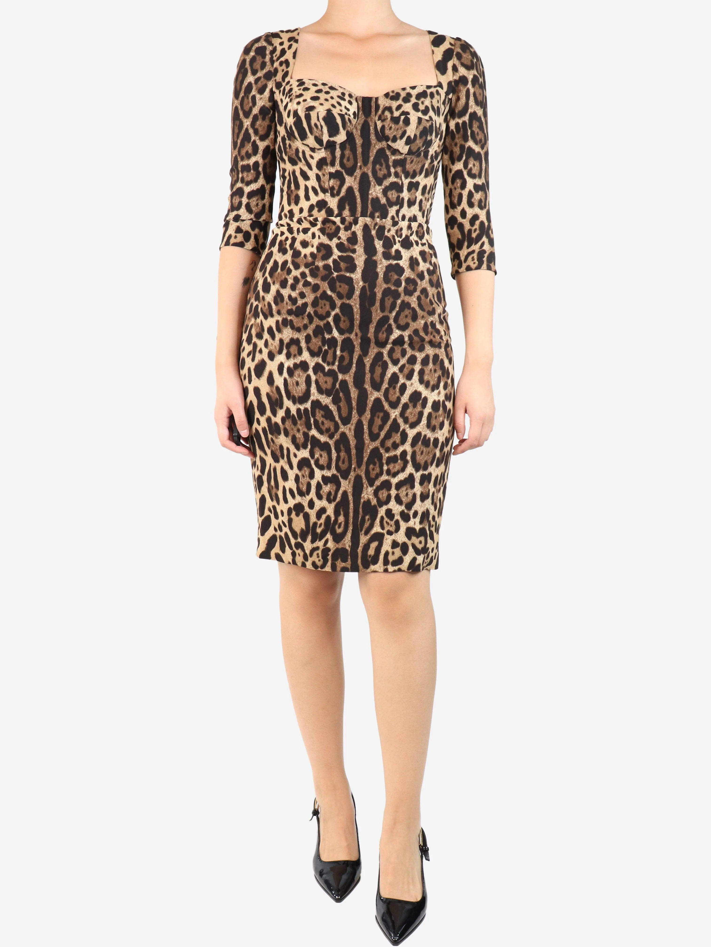 Brown leopard printed midi dress - size UK 8