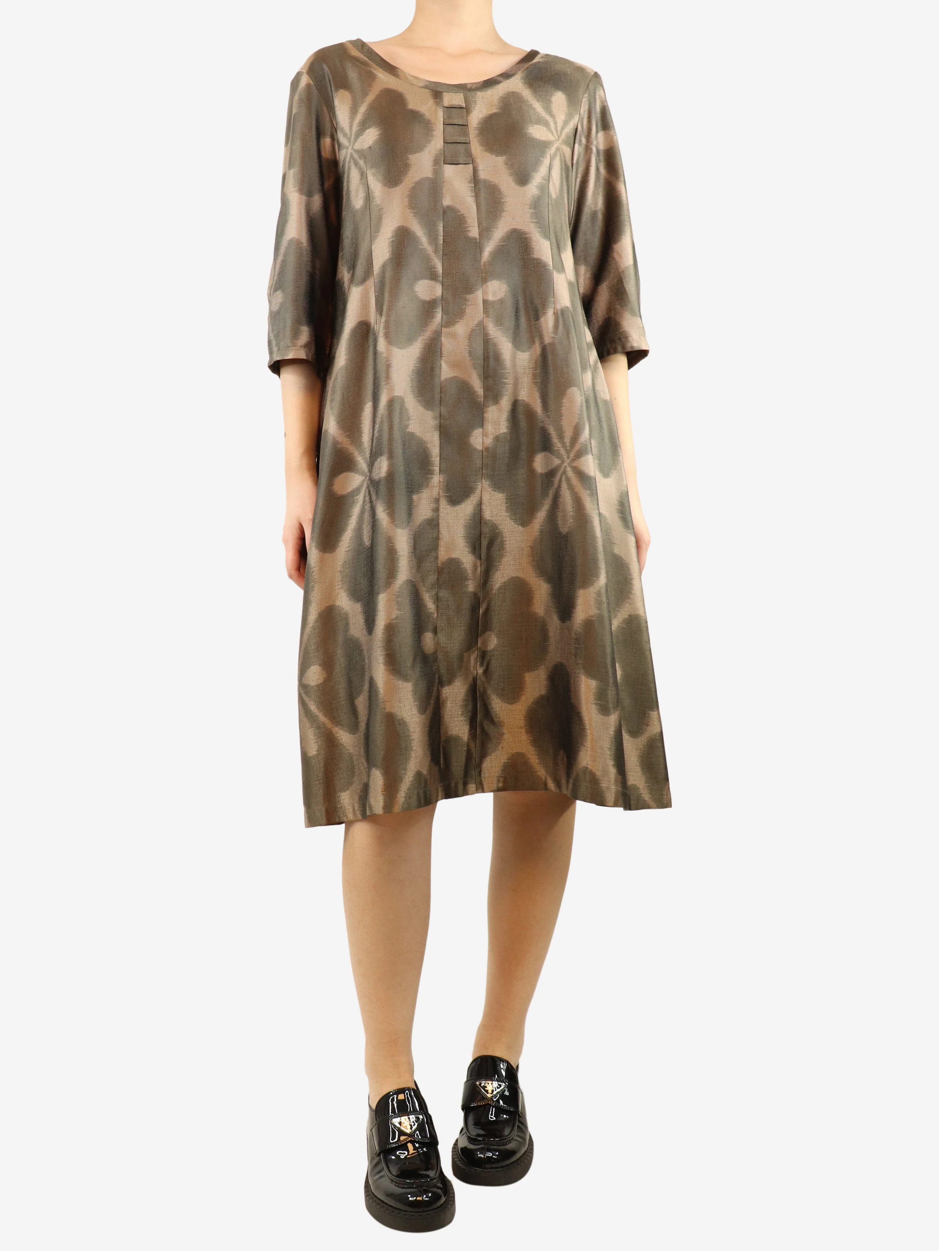 Brown printed silk midi dress - size UK 8 - Image 3