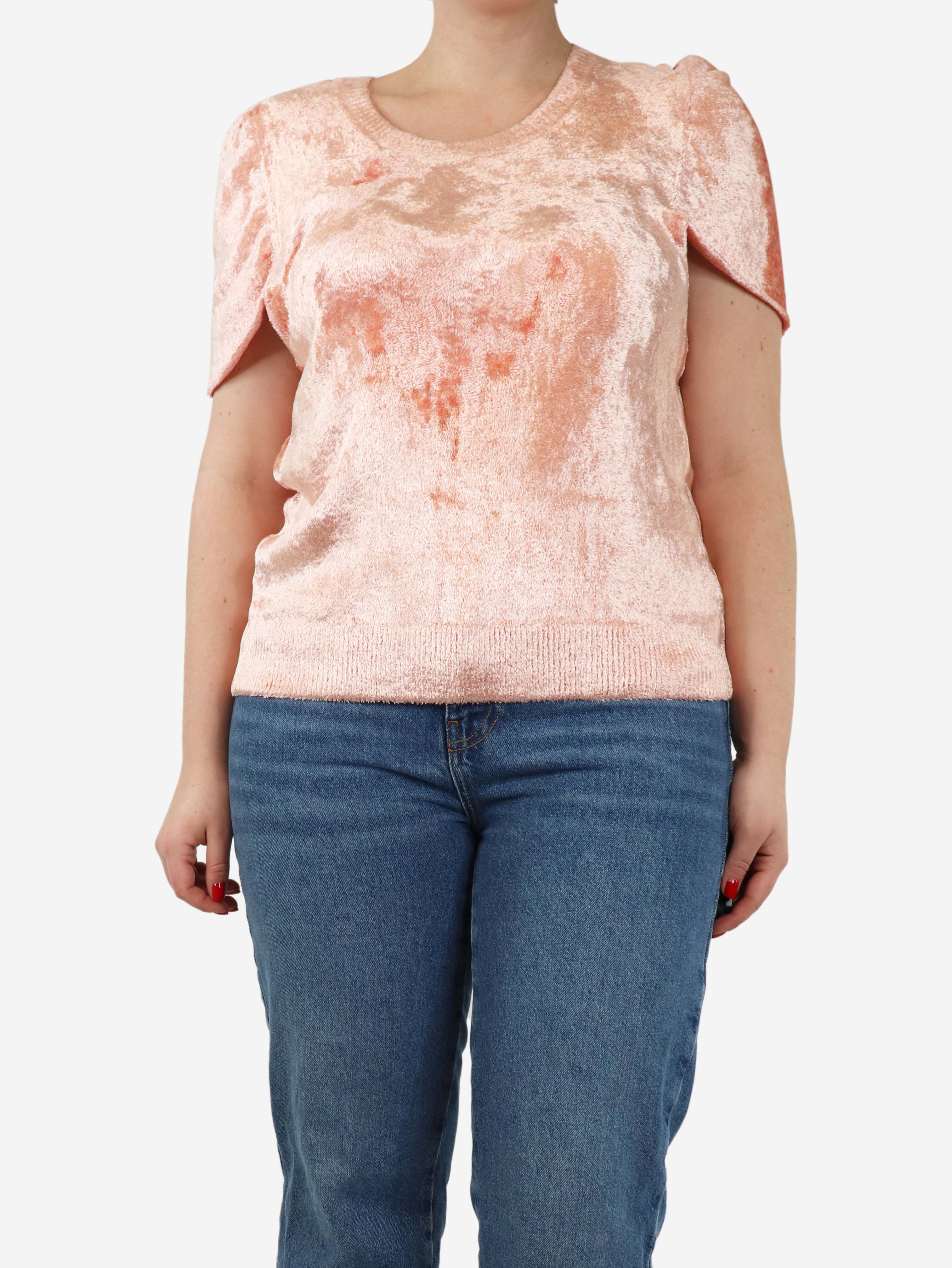 Pink short-sleeved velvet sweater - size M