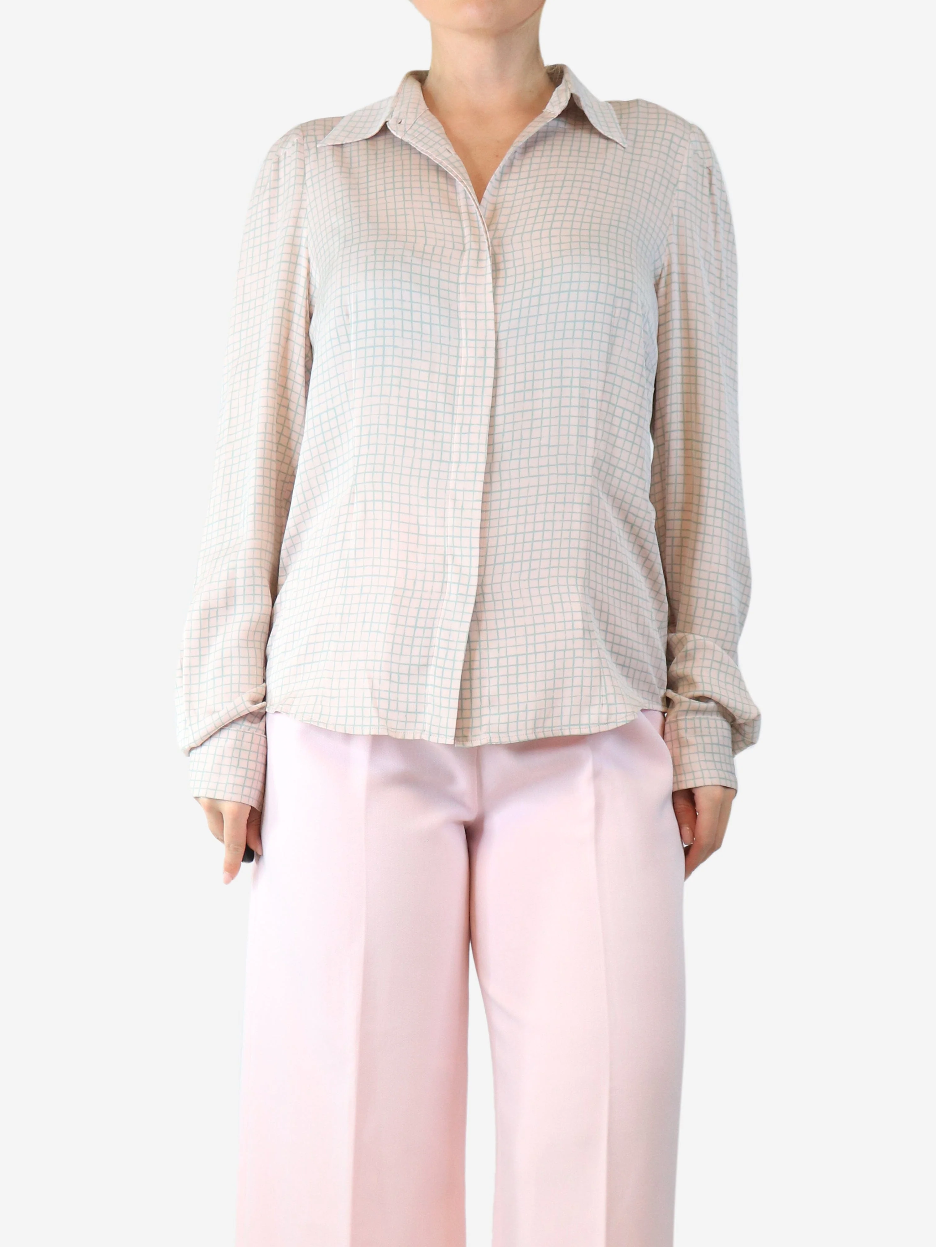 Pink silk grid-check shirt - size UK 12