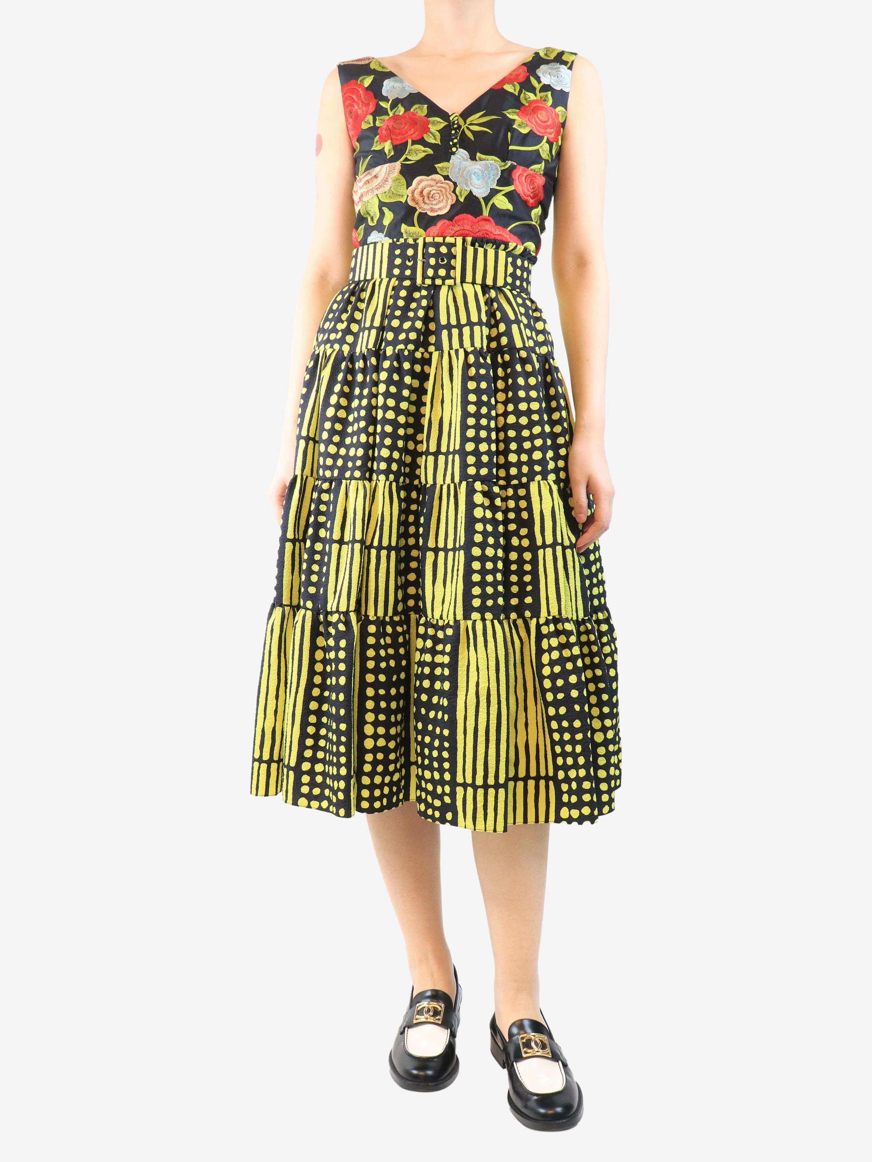 Yellow and black tiered midi dress - size UK 10