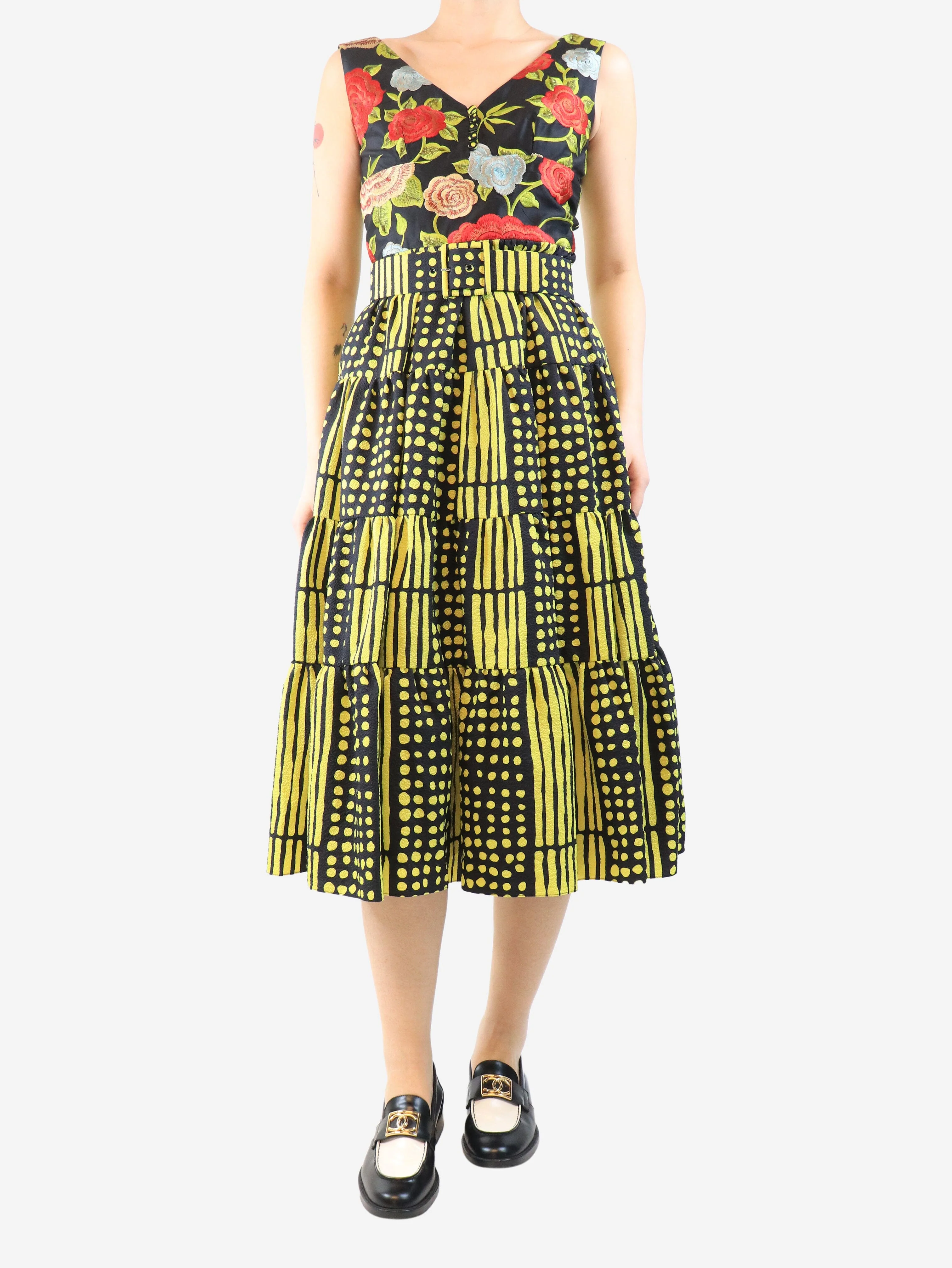 Yellow and black tiered midi dress - size UK 10 - Image 3