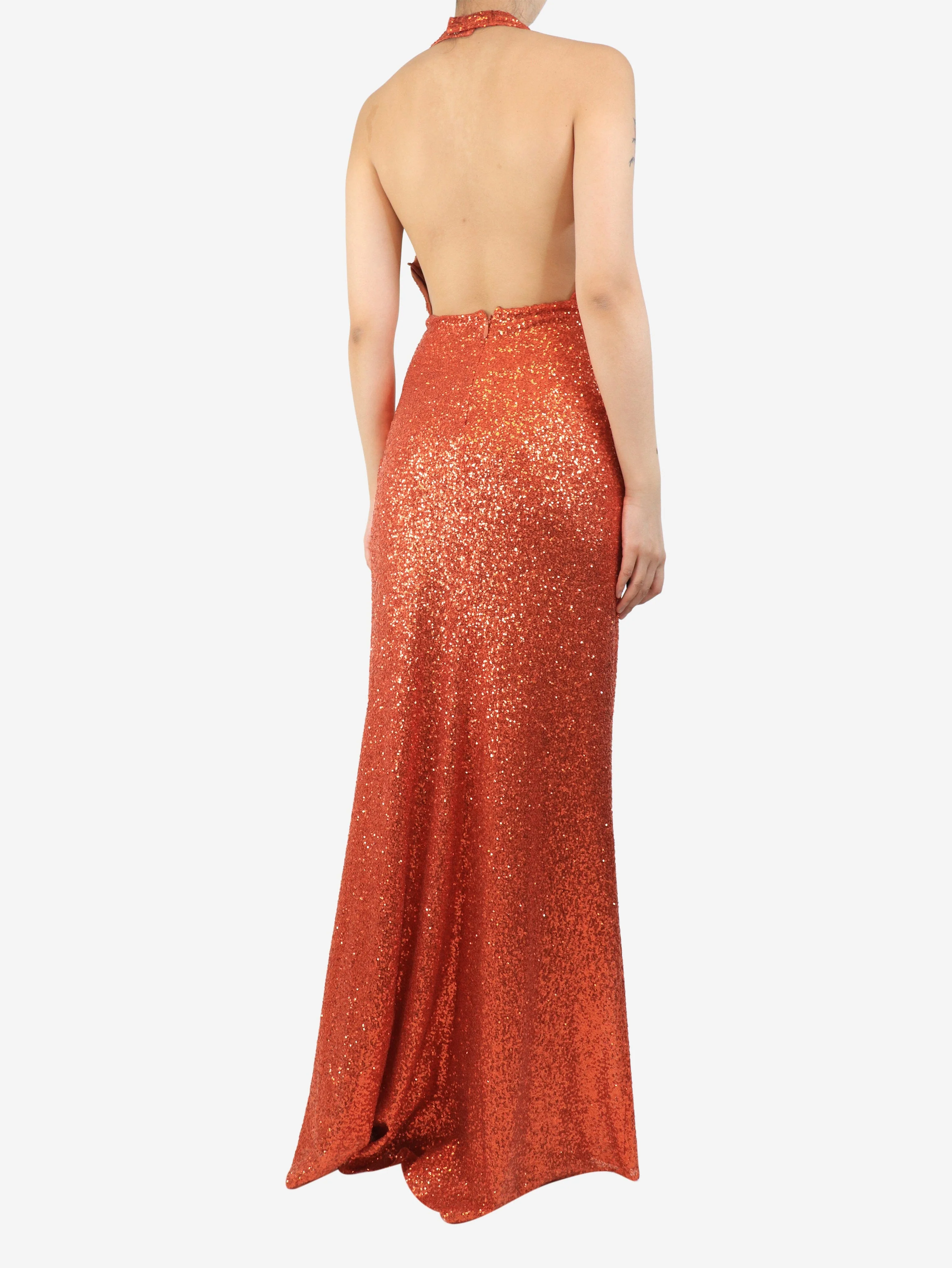 Orange sequin halterneck maxi dress - size UK 8 - Image 2