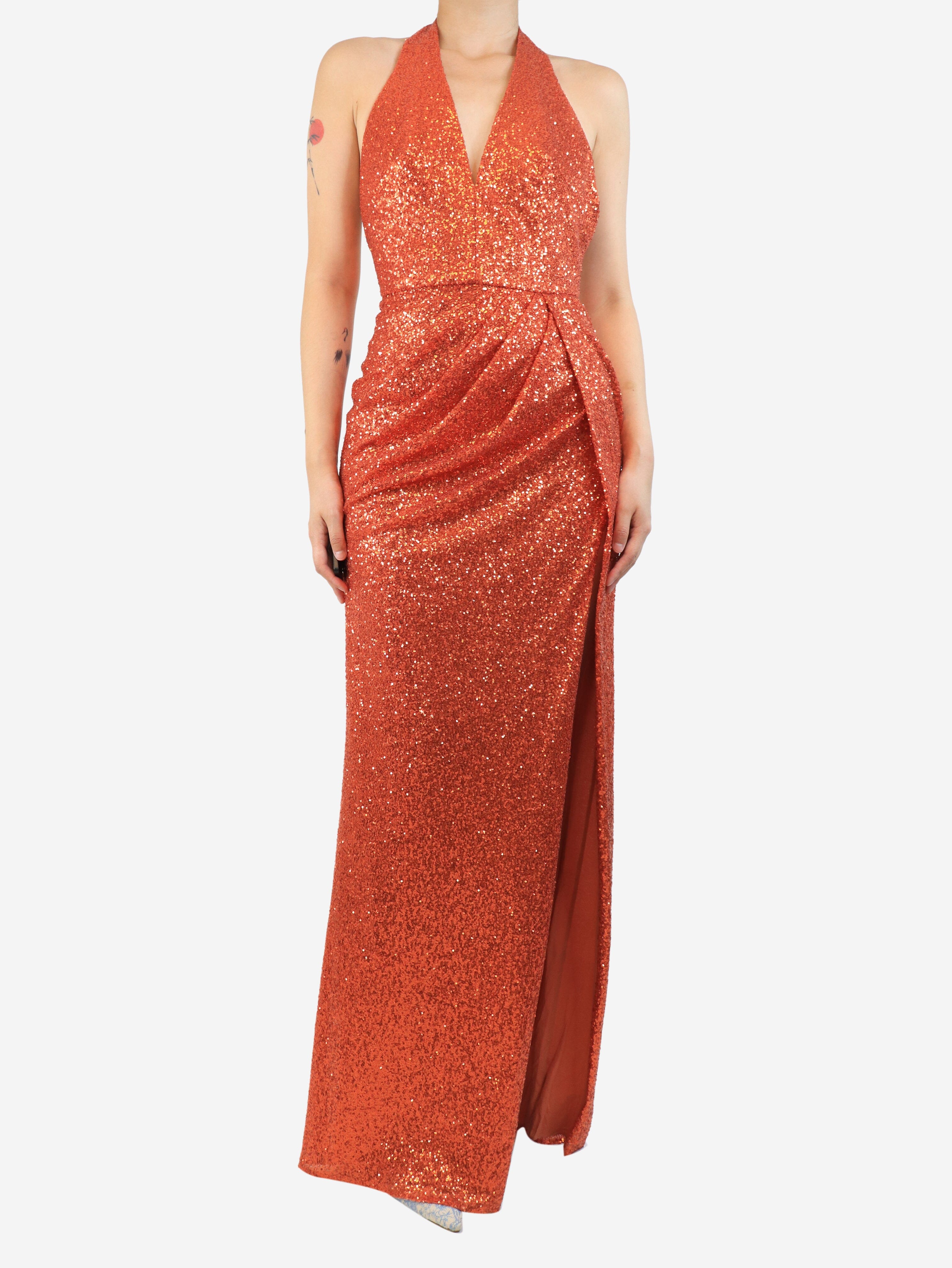 Orange sequin halterneck maxi dress - size UK 8 - Image 3