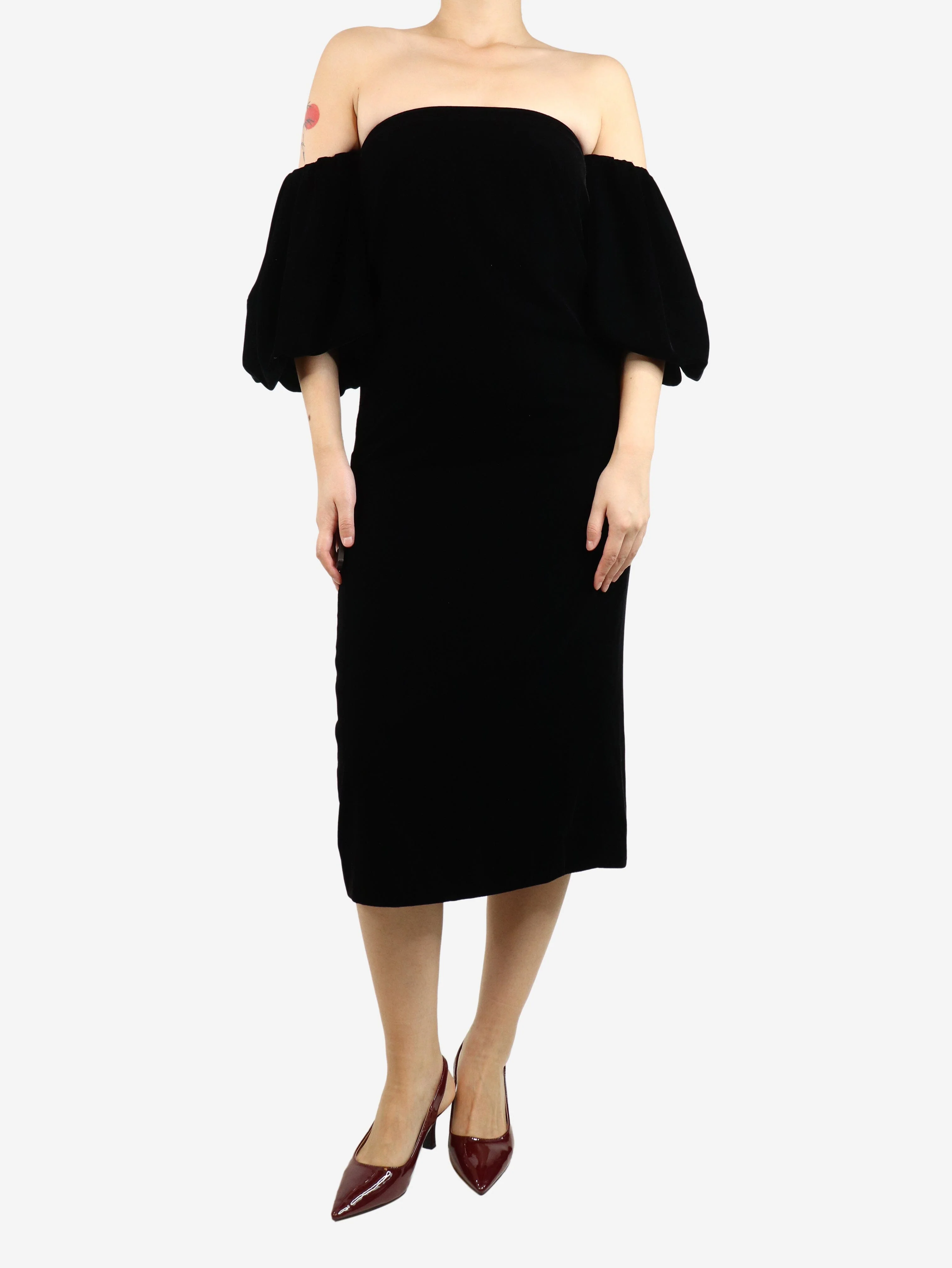 Black off-shoulder velvet midi dress - size UK 8 - Image 3