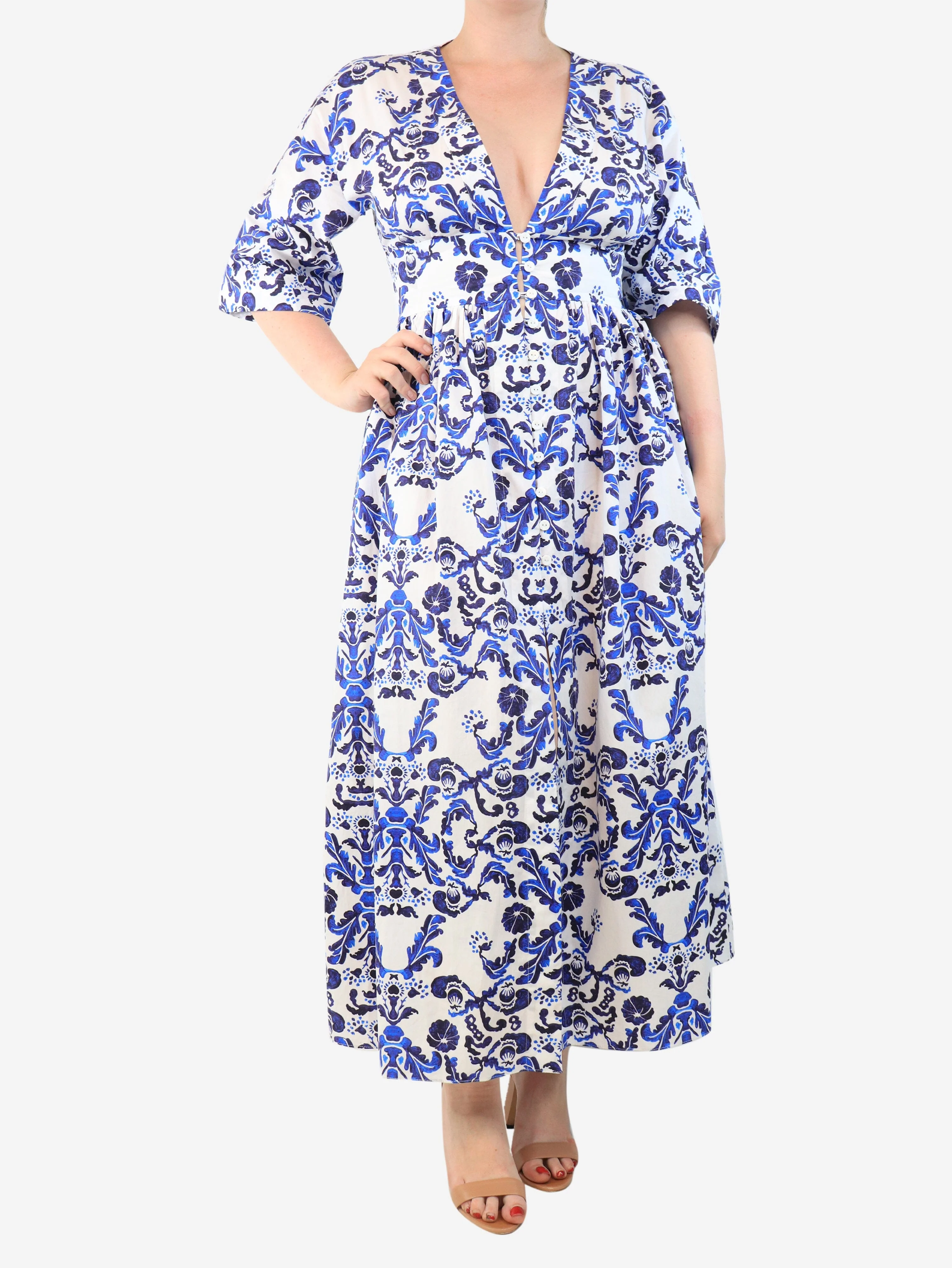 Blue floral printed cotton midi dress - size UK 12