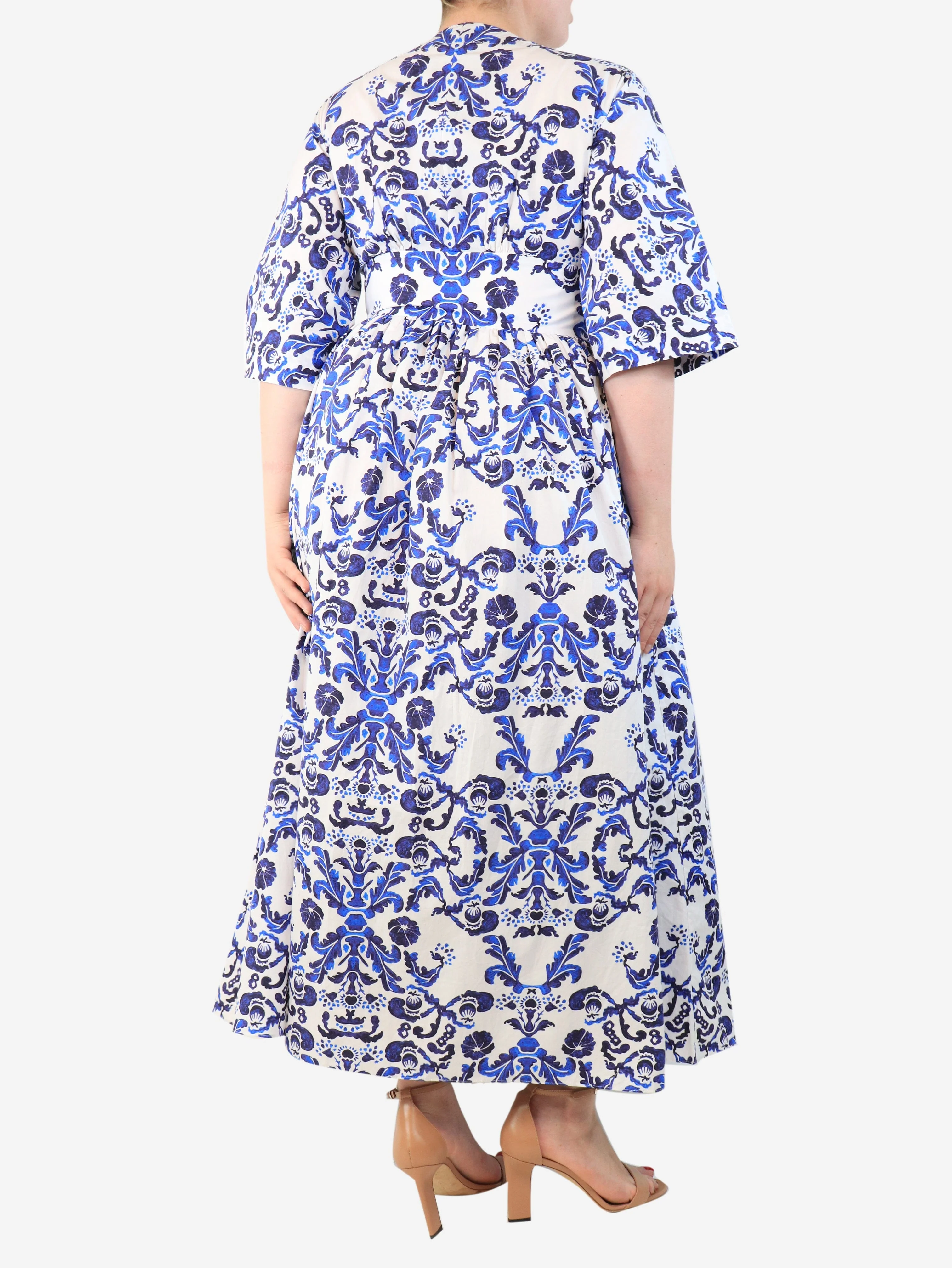 Blue floral printed cotton midi dress - size UK 12 - Image 2