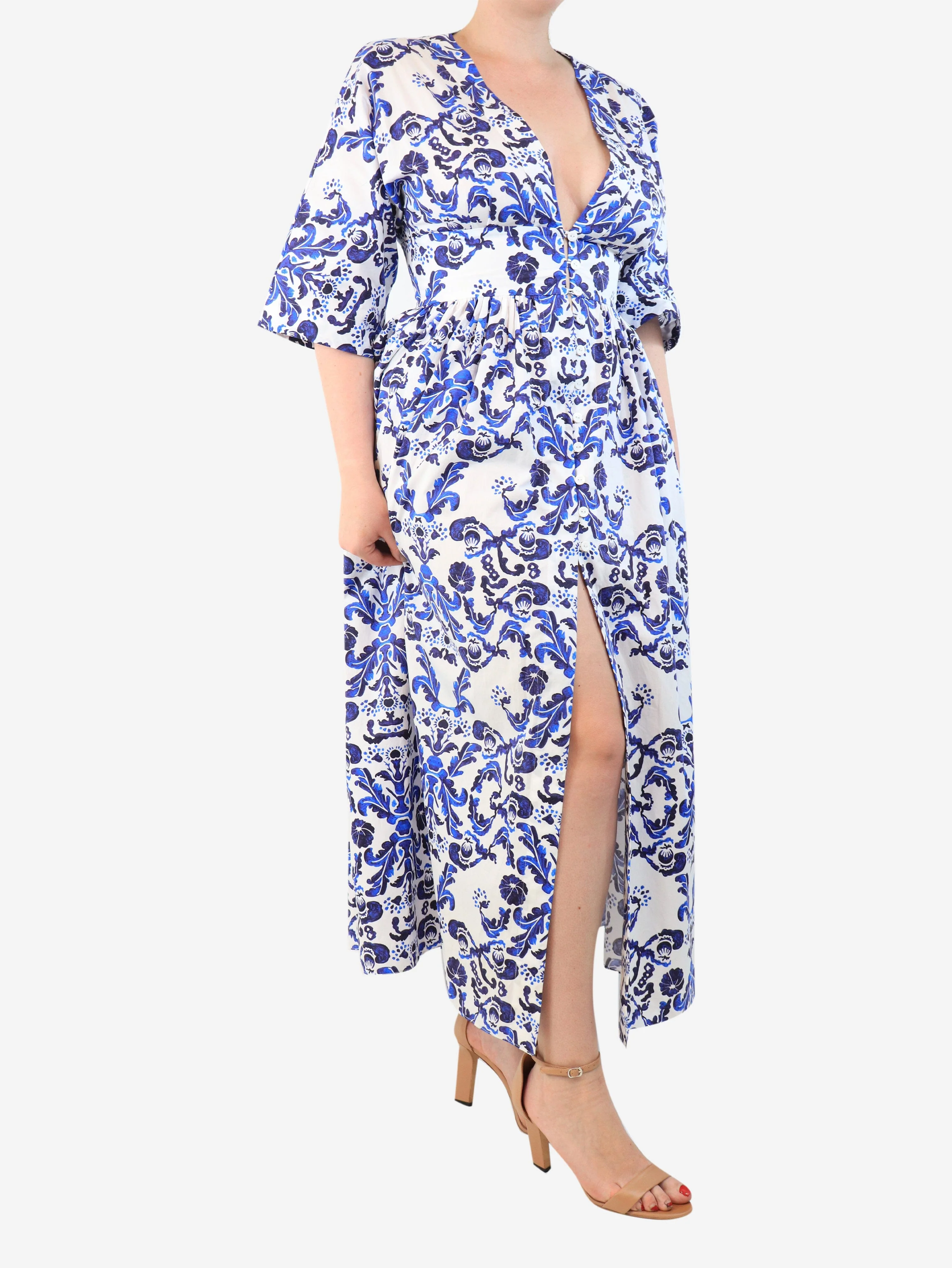 Blue floral printed cotton midi dress - size UK 12 - Image 3