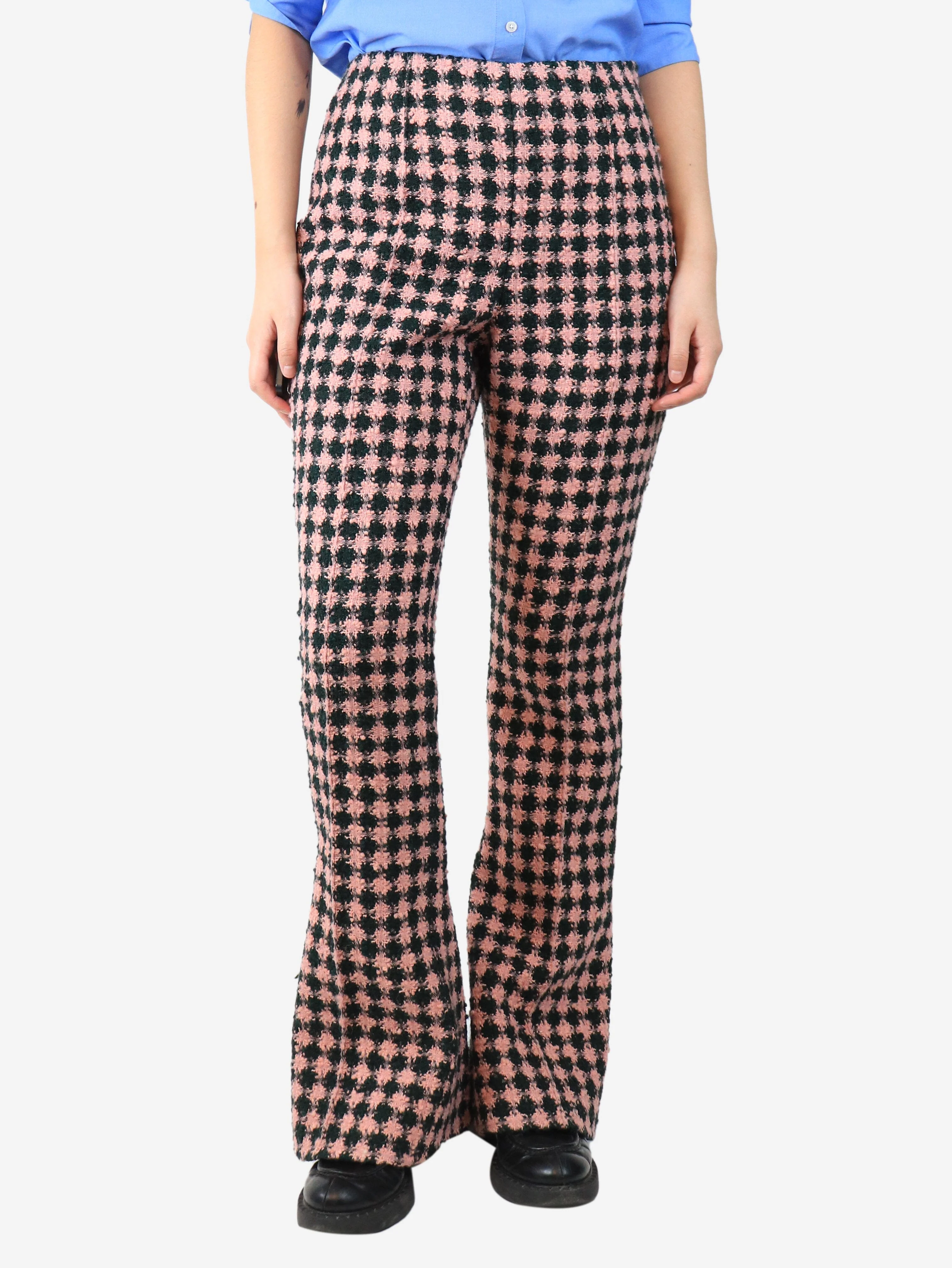 Green and pink tweed kick flare trousers - size UK 12