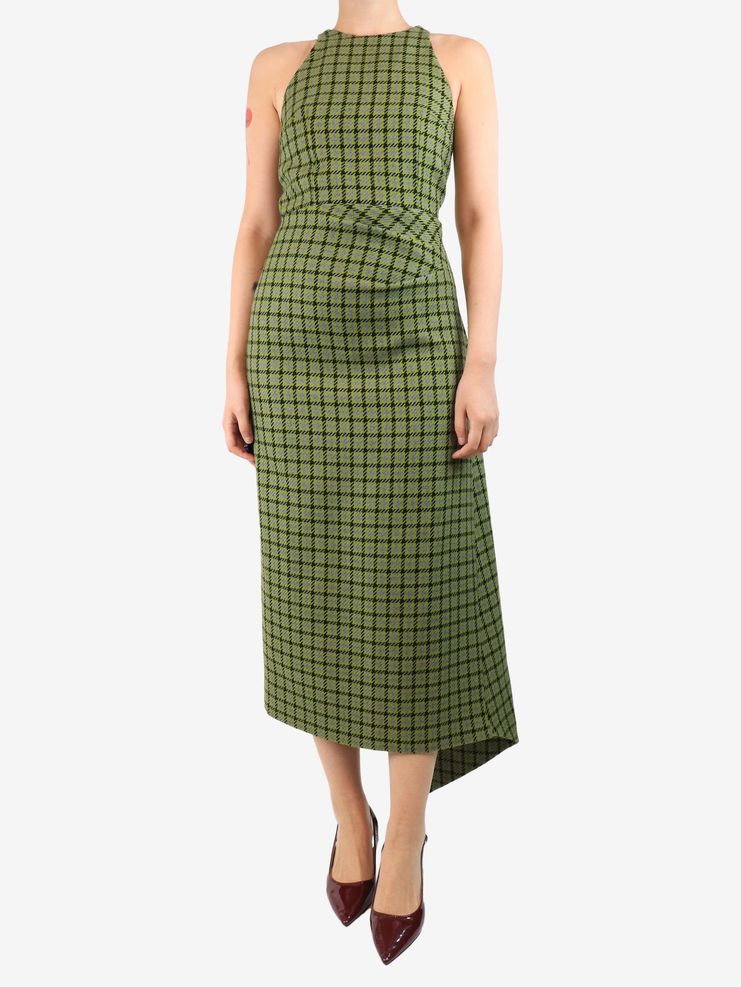 Green sleeveless check midi dress - size UK 10