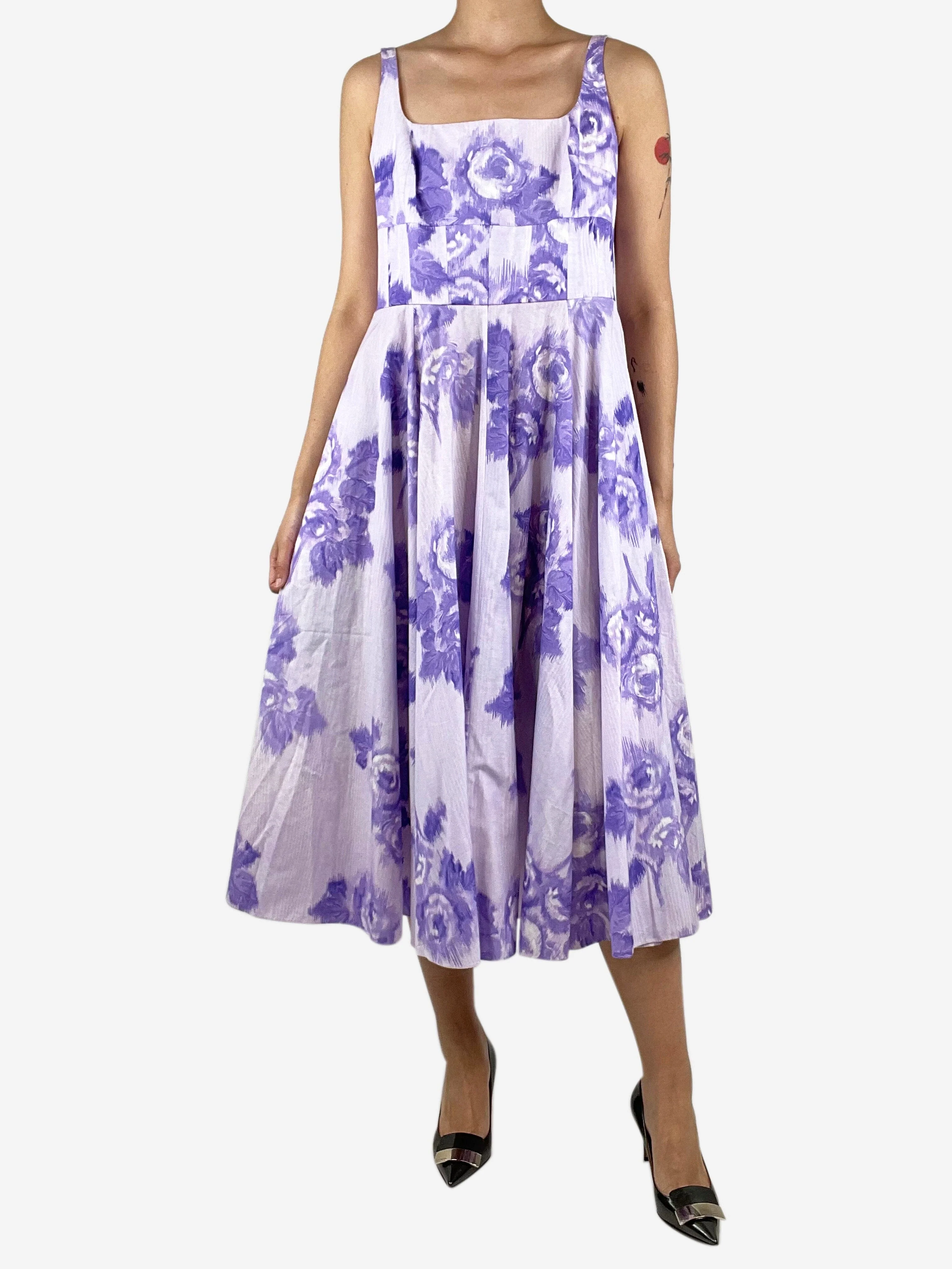 Purple floral printed midi dress - size UK 16