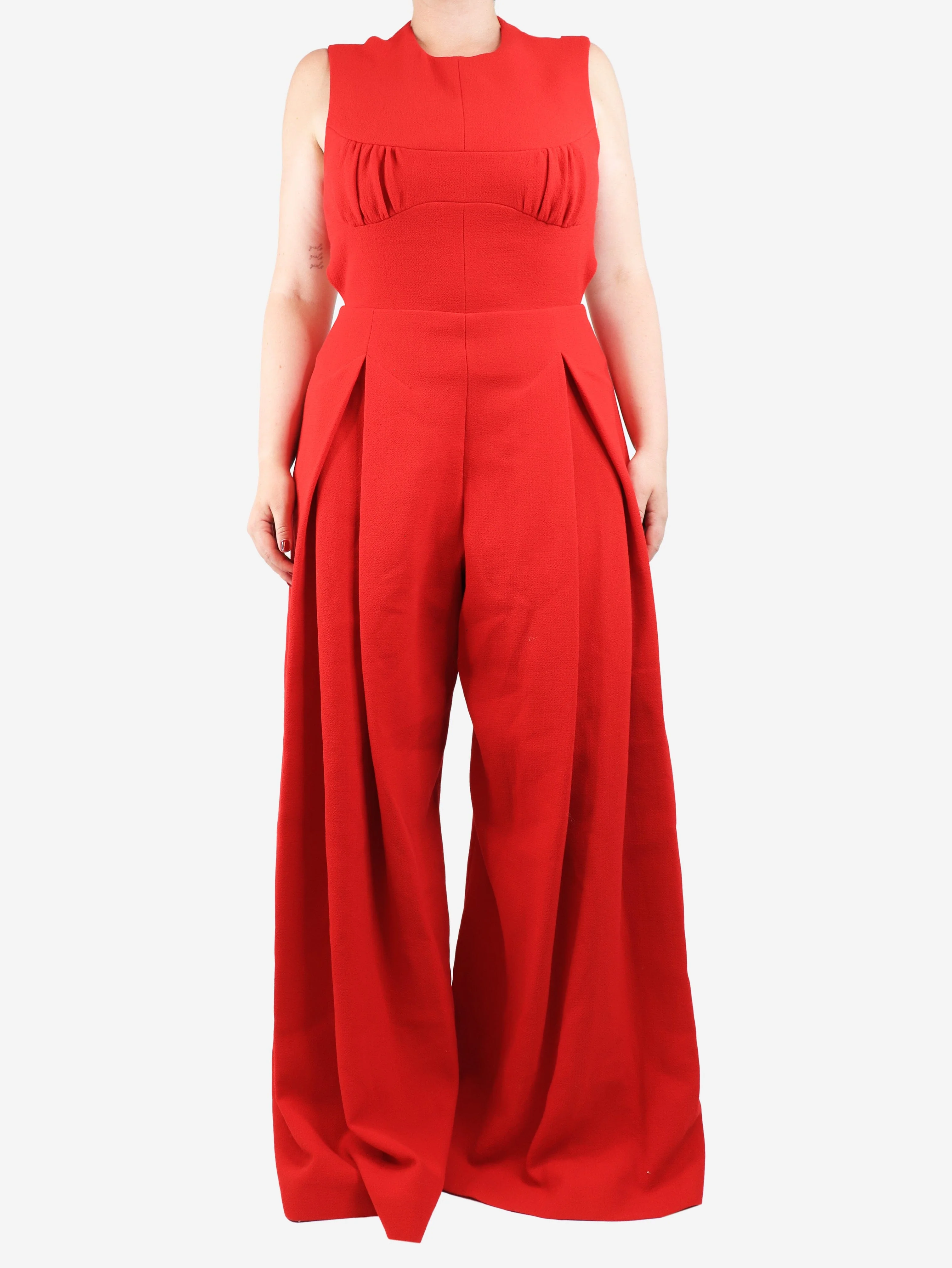 Red crepe wide-leg jumpsuit - size UK 14