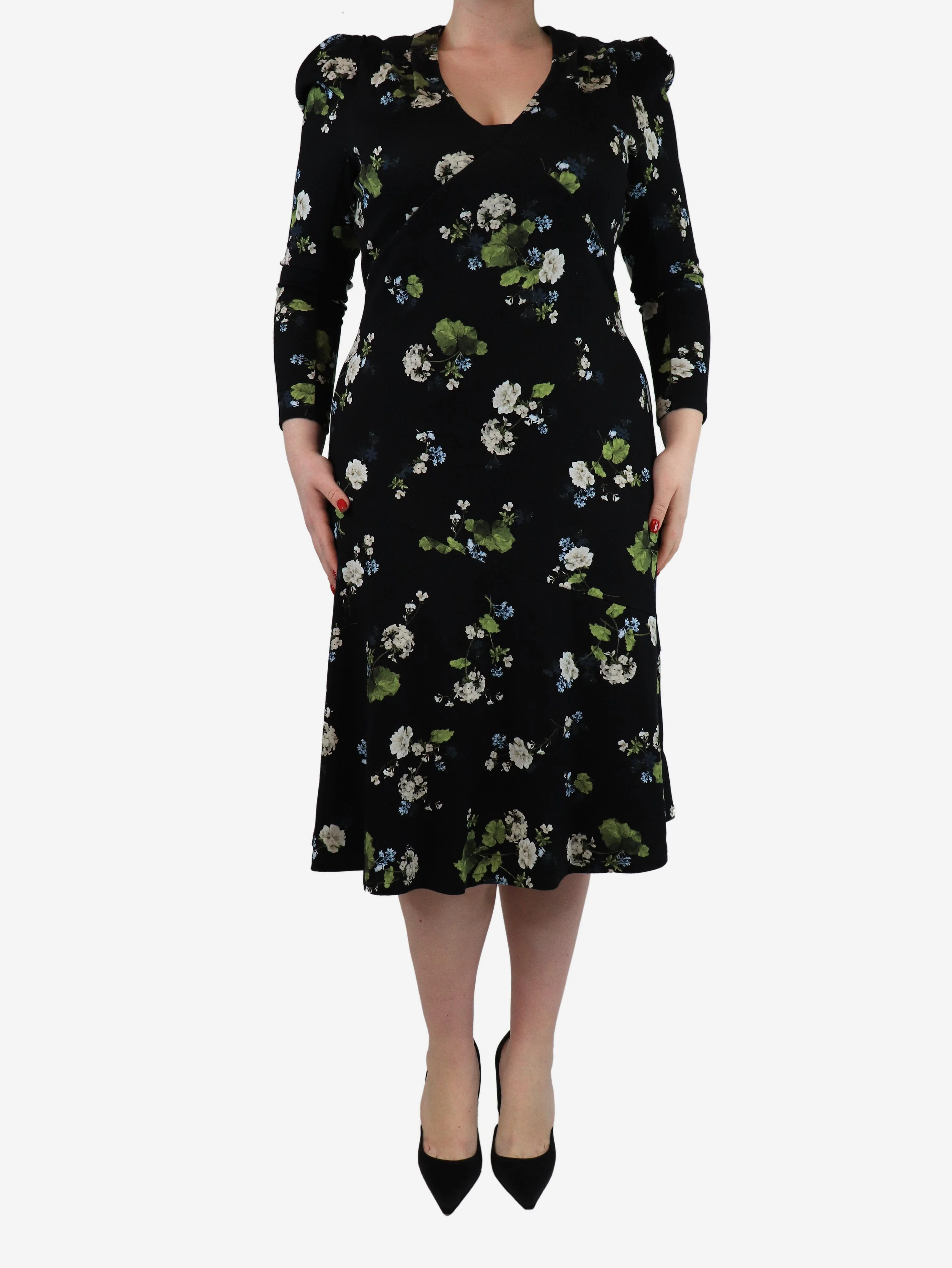 Black floral printed jersey midi dress - size UK 14