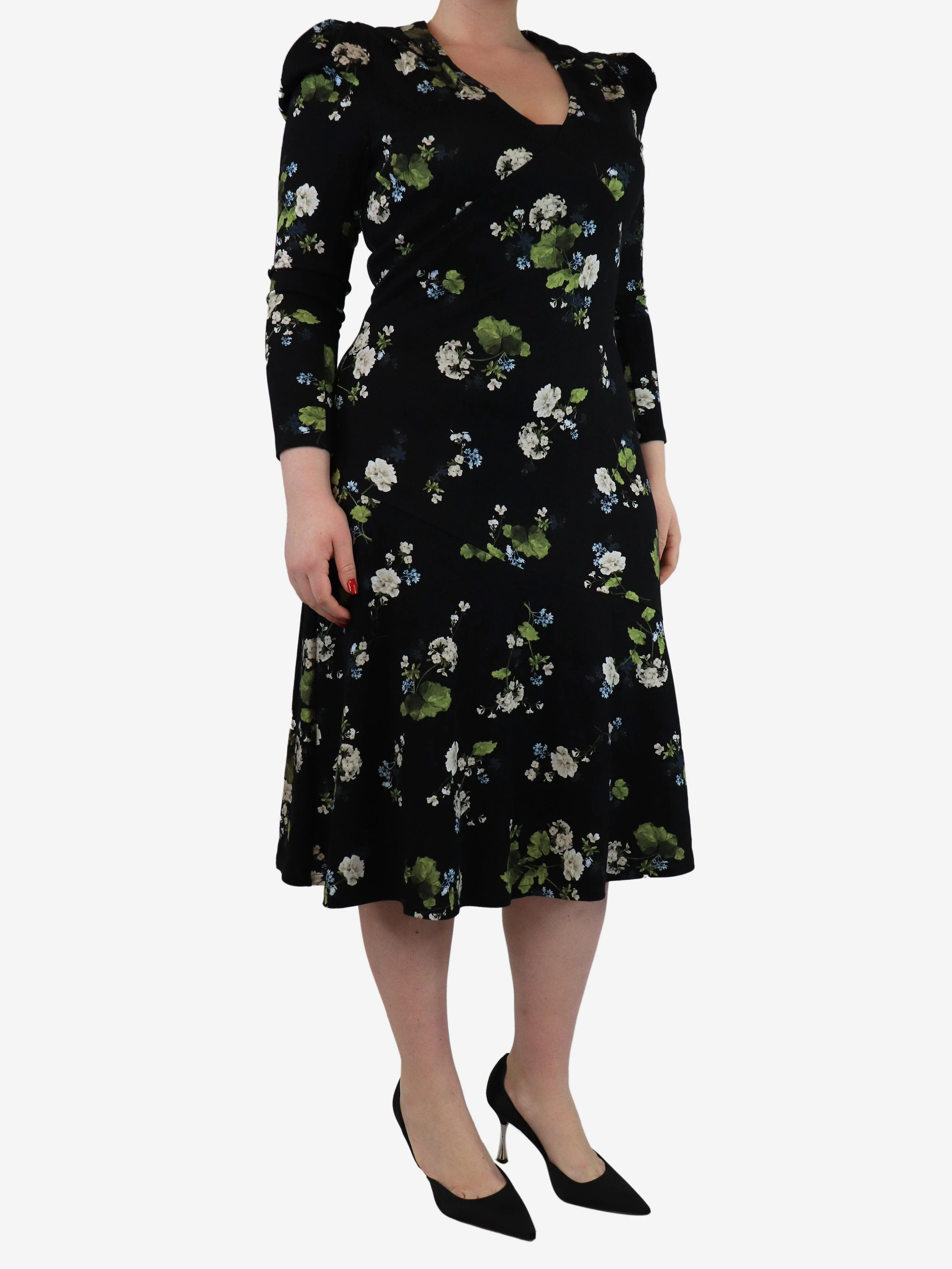 Black floral printed jersey midi dress - size UK 14 - Image 3