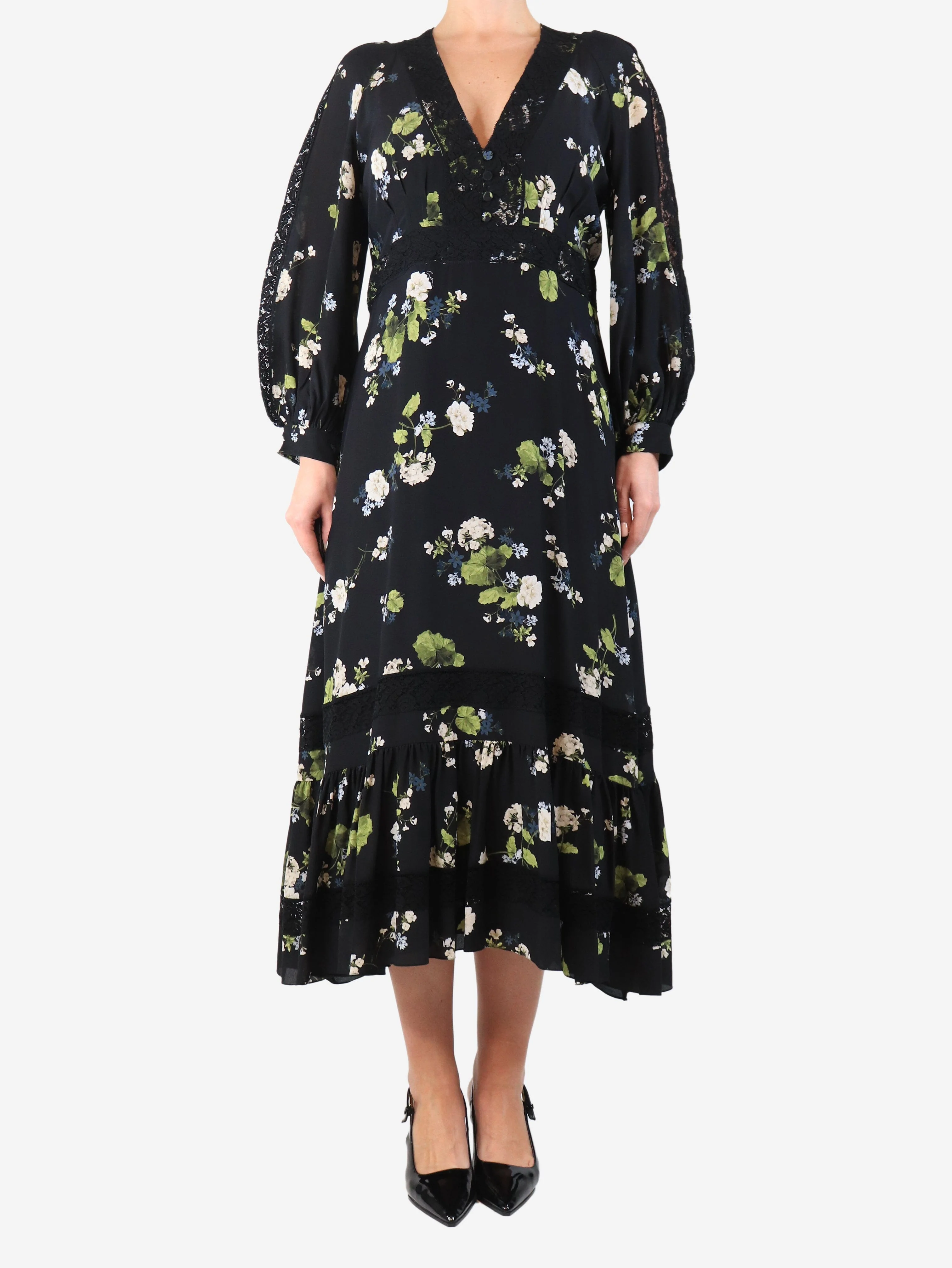 Black Magdalene silk floral midi dress - size UK 14