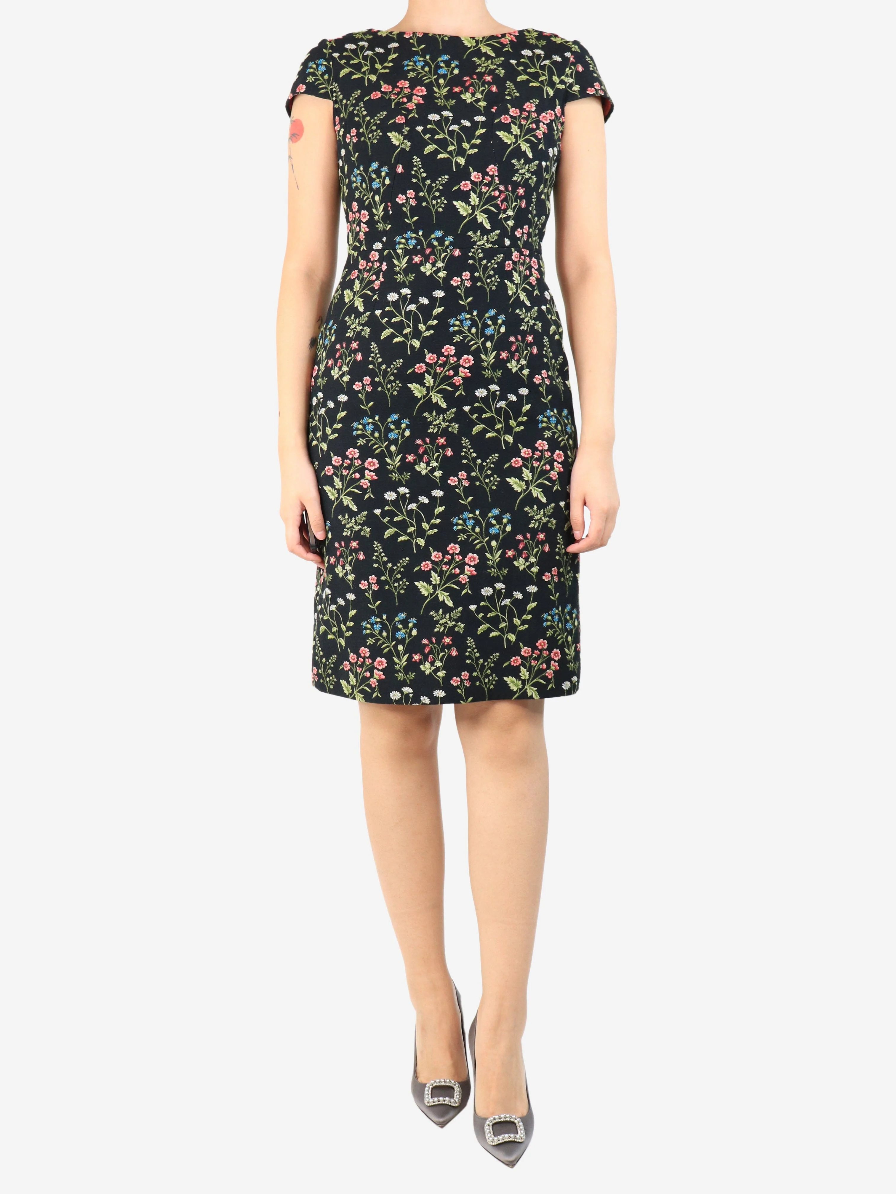 Black Marion floral jacquard midi dress - size UK 10