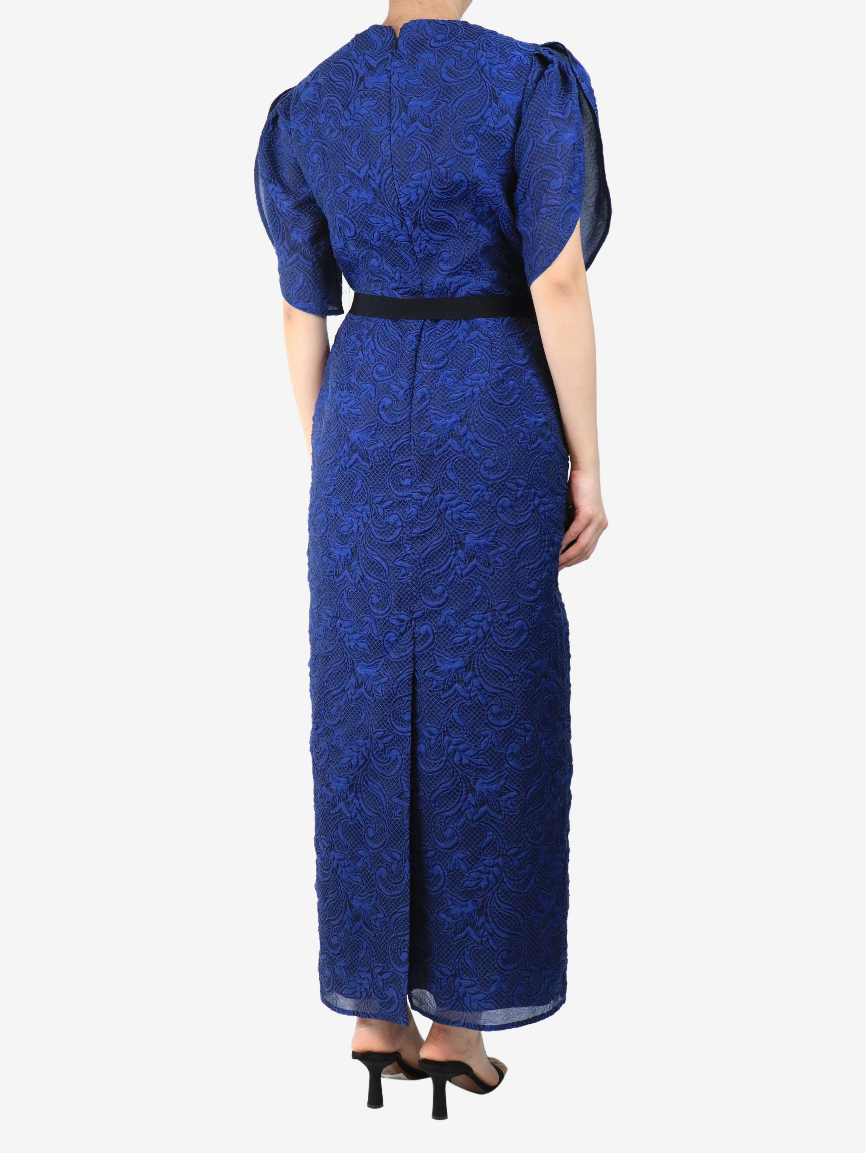 Blue organza cloque belted midi dress - size UK 12 - Image 2