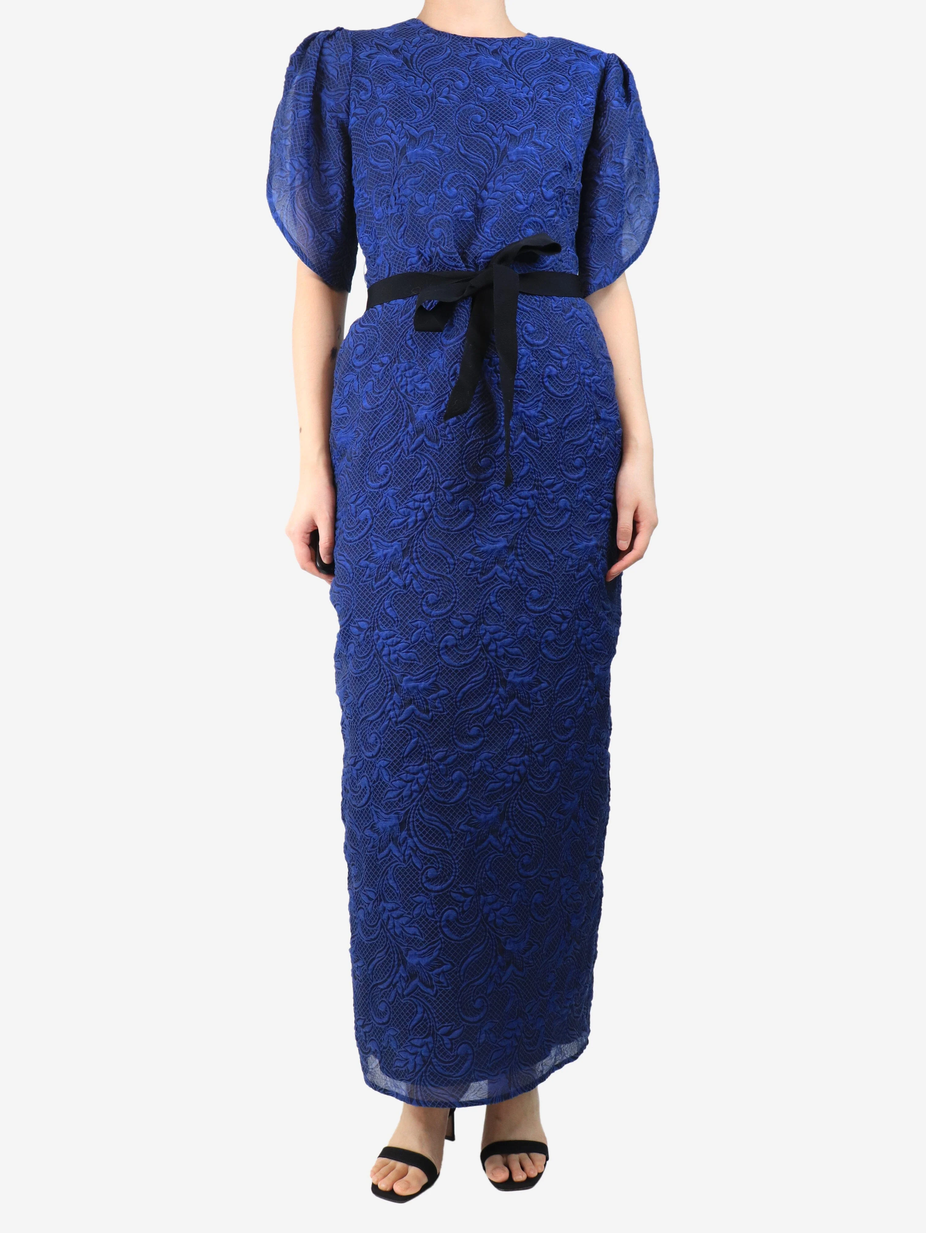 Blue organza cloque belted midi dress - size UK 12 - Image 3