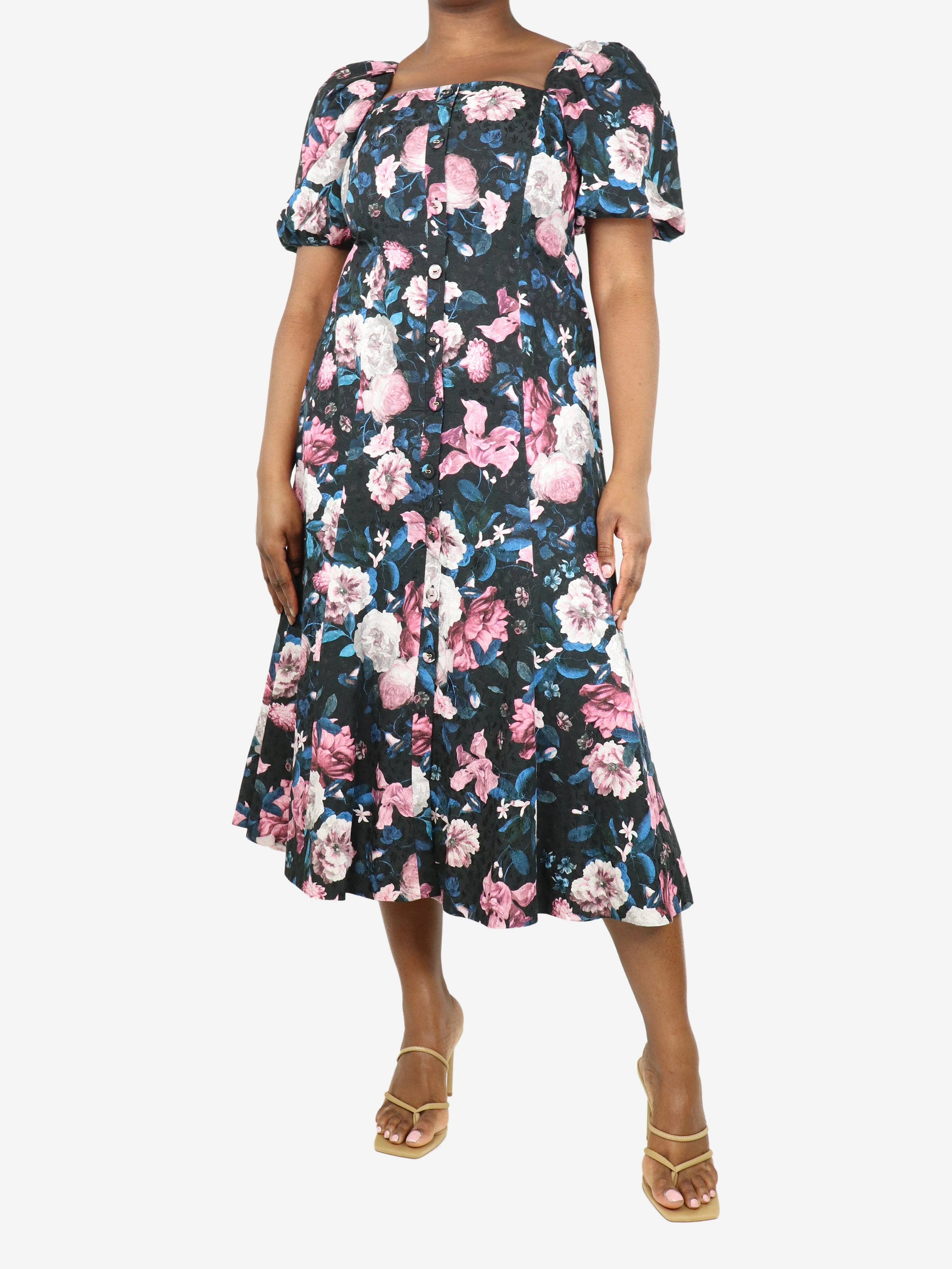Multi bouquet-print cotton-blend midi dress - size UK 14