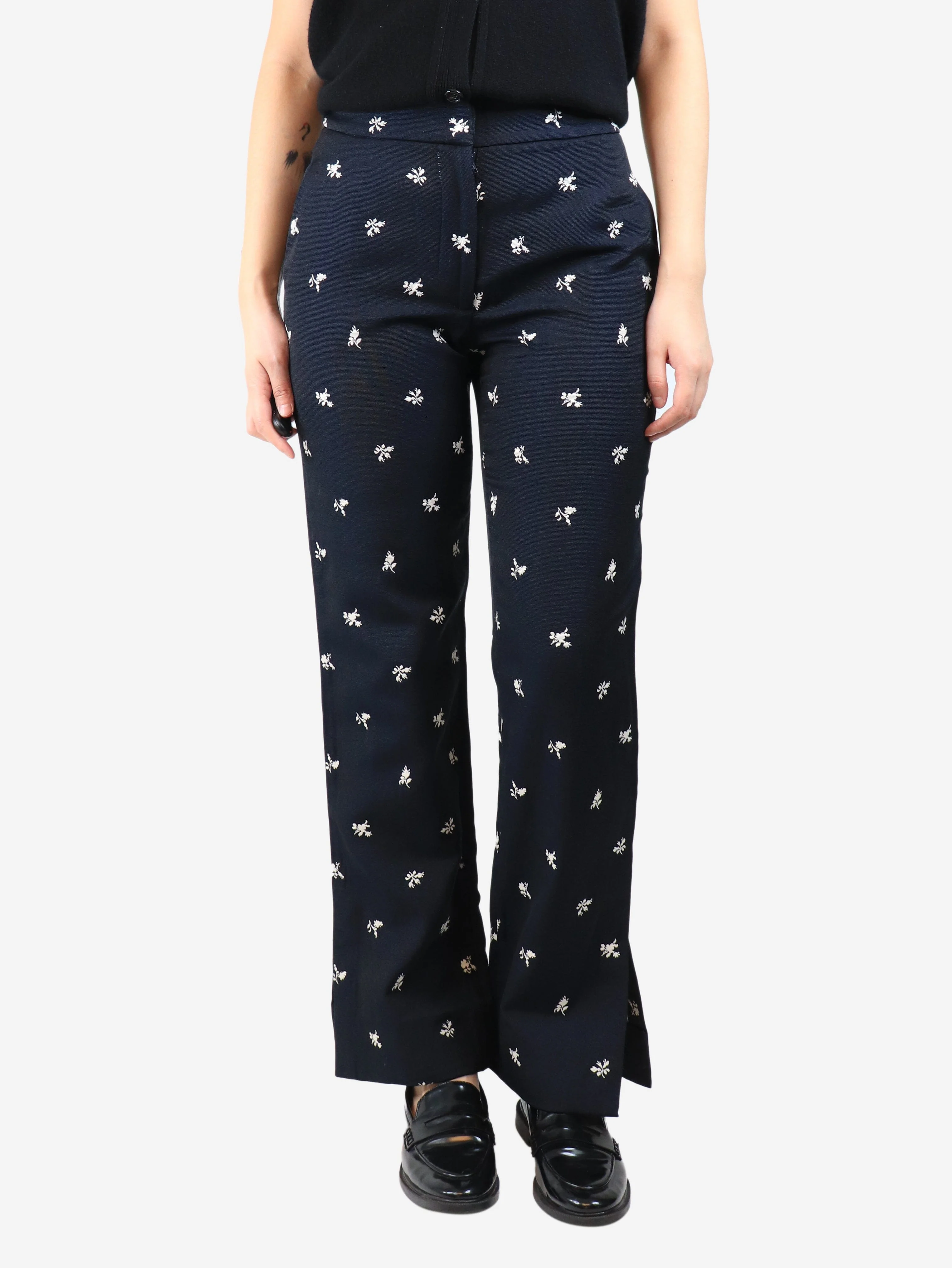 Navy blue floral jacquard trousers - size UK 10