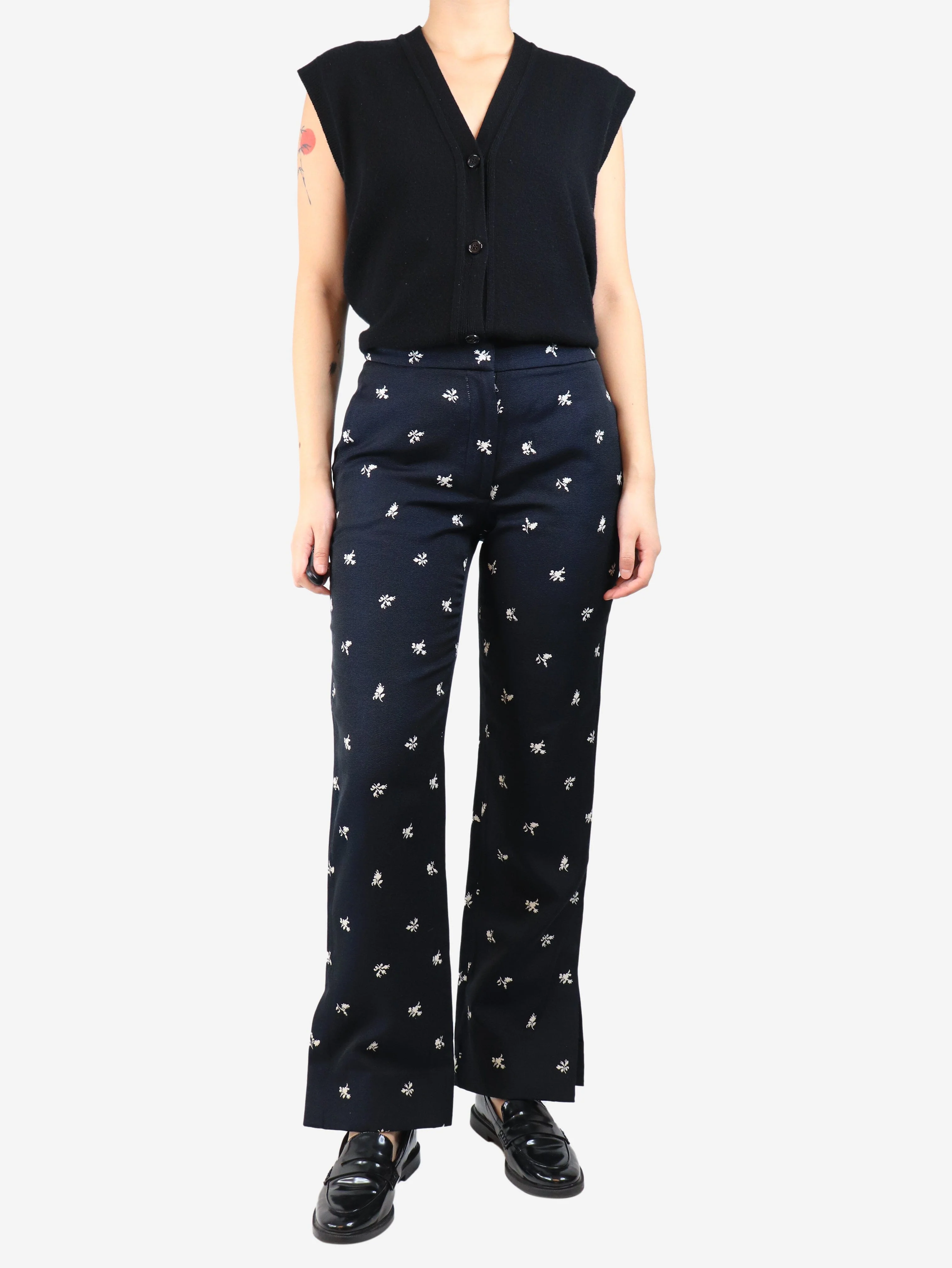 Navy blue floral jacquard trousers - size UK 10 - Image 2