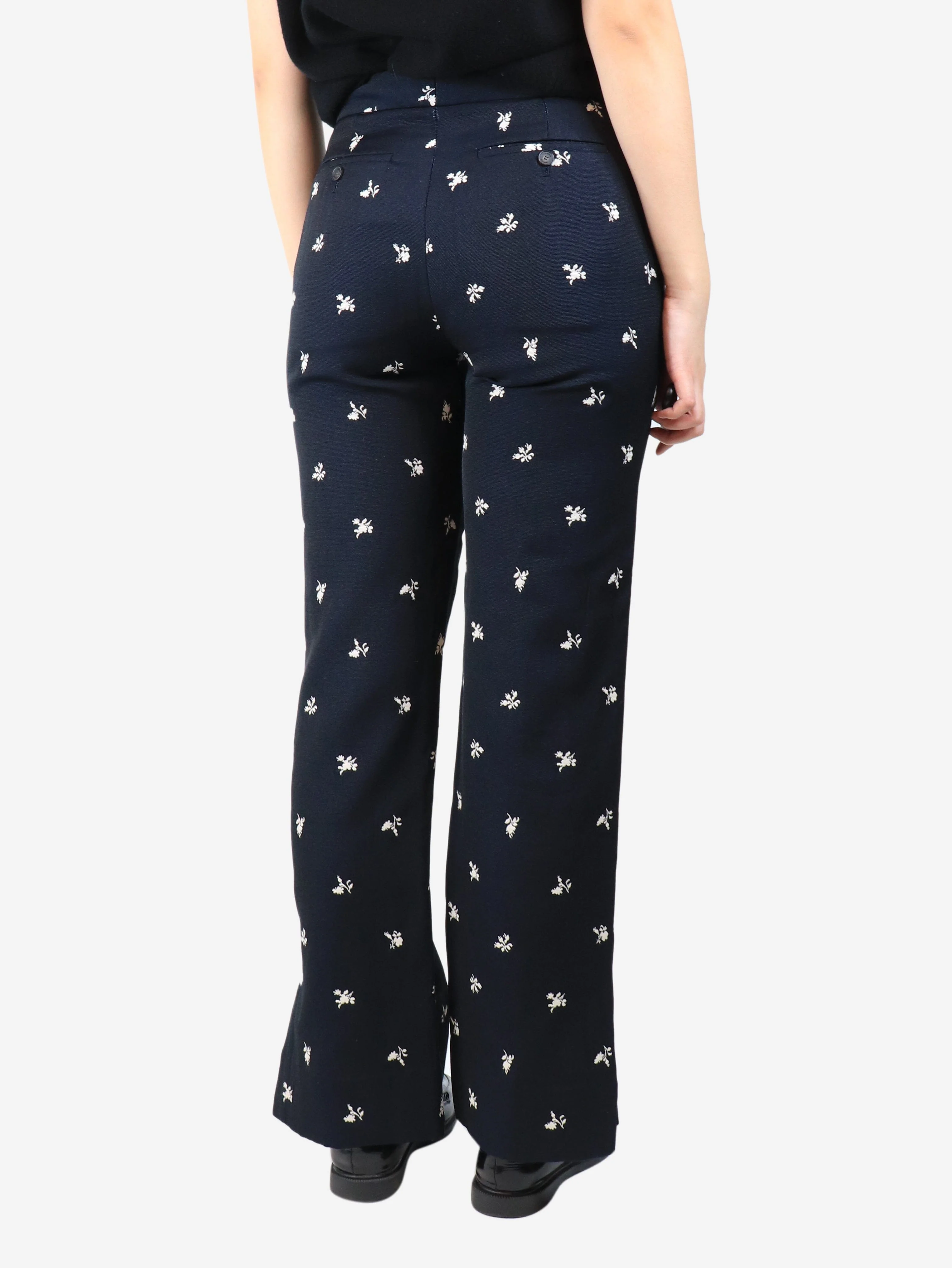 Navy blue floral jacquard trousers - size UK 10 - Image 3